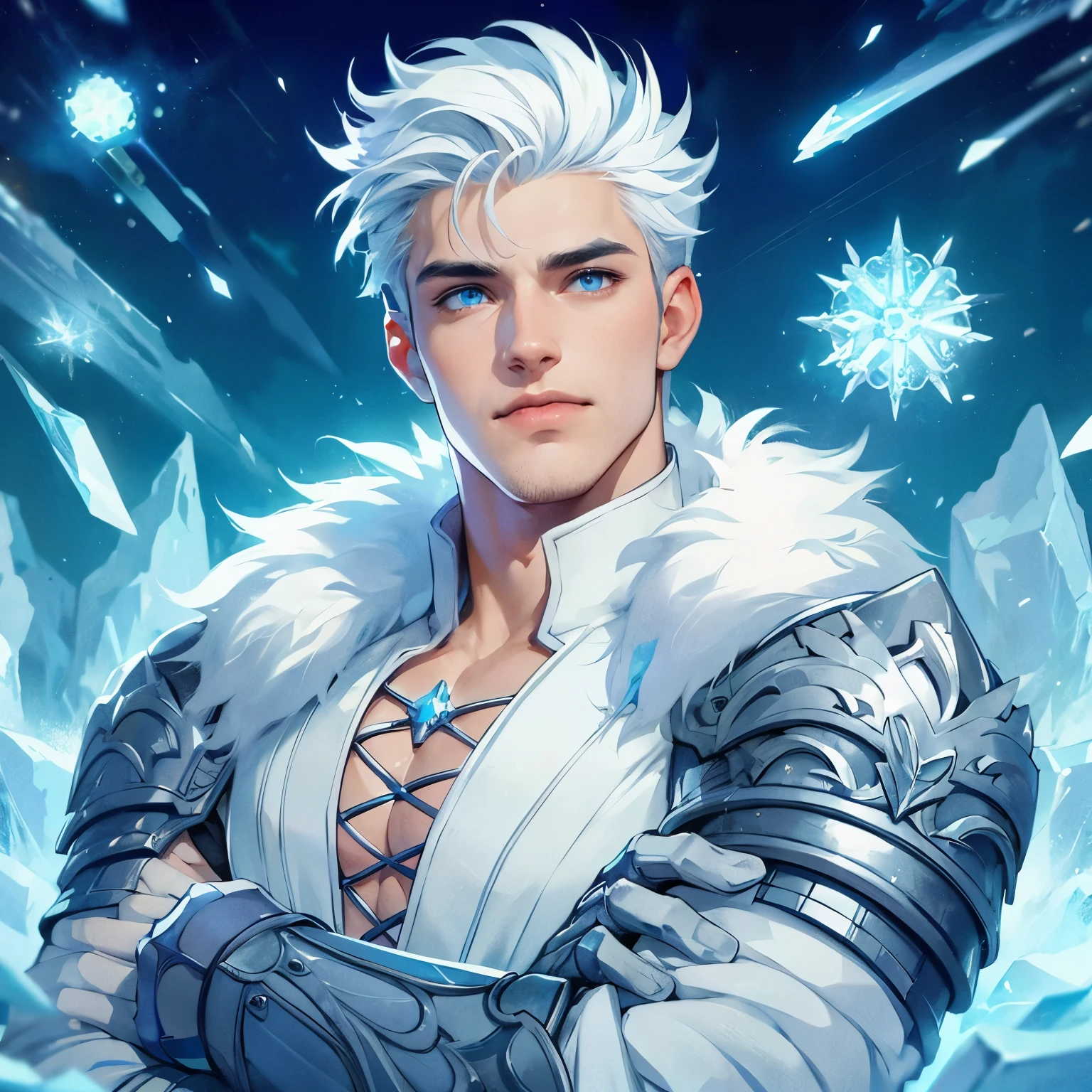 an animated fantasy novel style picture of a character portrait. Animated. He is 22 years young. He has white spiky hair. He is muscular and tall with light blue eyes. He is wearing an all white medieval fantasy warrior gear with a white fur coat and silver gloves. He is a charming, boastful and has a proud smile. ice powers and ice surround him. he controls ice. Icy dystopian background. Dark tragic theme. Serious.