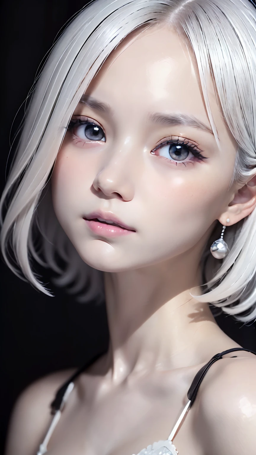 perfect anatomy、one girl、１８talent、An ennui look、((smile:0.1))、small nose、plump lips、detailed eyes、super detailed face、silver hair、short bob、messy hair、very fine skin、white skin、small breasts、small breasts、(highest quality:1.0), (超A high resolution:1.0) ,(realistic:1), (Super detailed:1.0), (8K RAW写真:1.1),