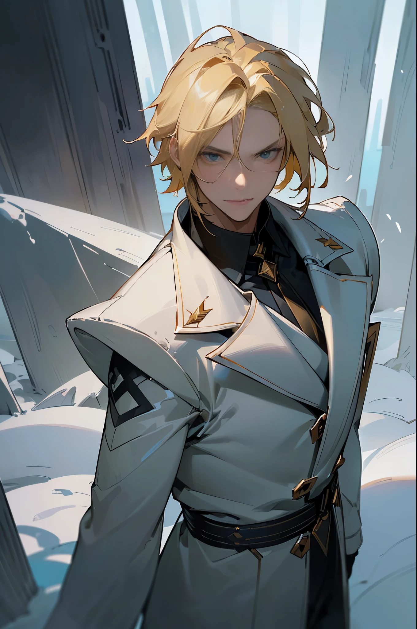 ((masterpiece, ultra hd, solo, very detailed character, standing straight, staring at the camera, male, focus on the character)), soft face, young adult, suit, black coat, blonde, yellow hair, blizzard powers, ice, dark forest scenario unreal engine 5, ((no letters)), epic, pseudo-realism anime style