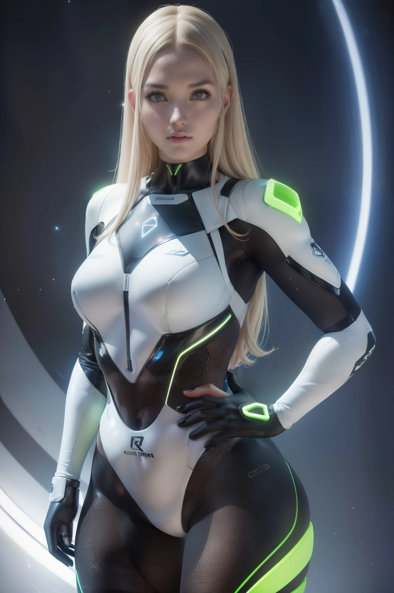 (melhor qualidade) ciborgue realista e intrincado rosto de beleza perfeita, sharp galaxy detailed glowing eyes, rosto detalhado, (((foco corporal), Standing))), (((forma de beleza fina))), ((in realistic sci-fi plugsuit with neon lighting, peça de arte mech mteal), 4k, Ultra HD