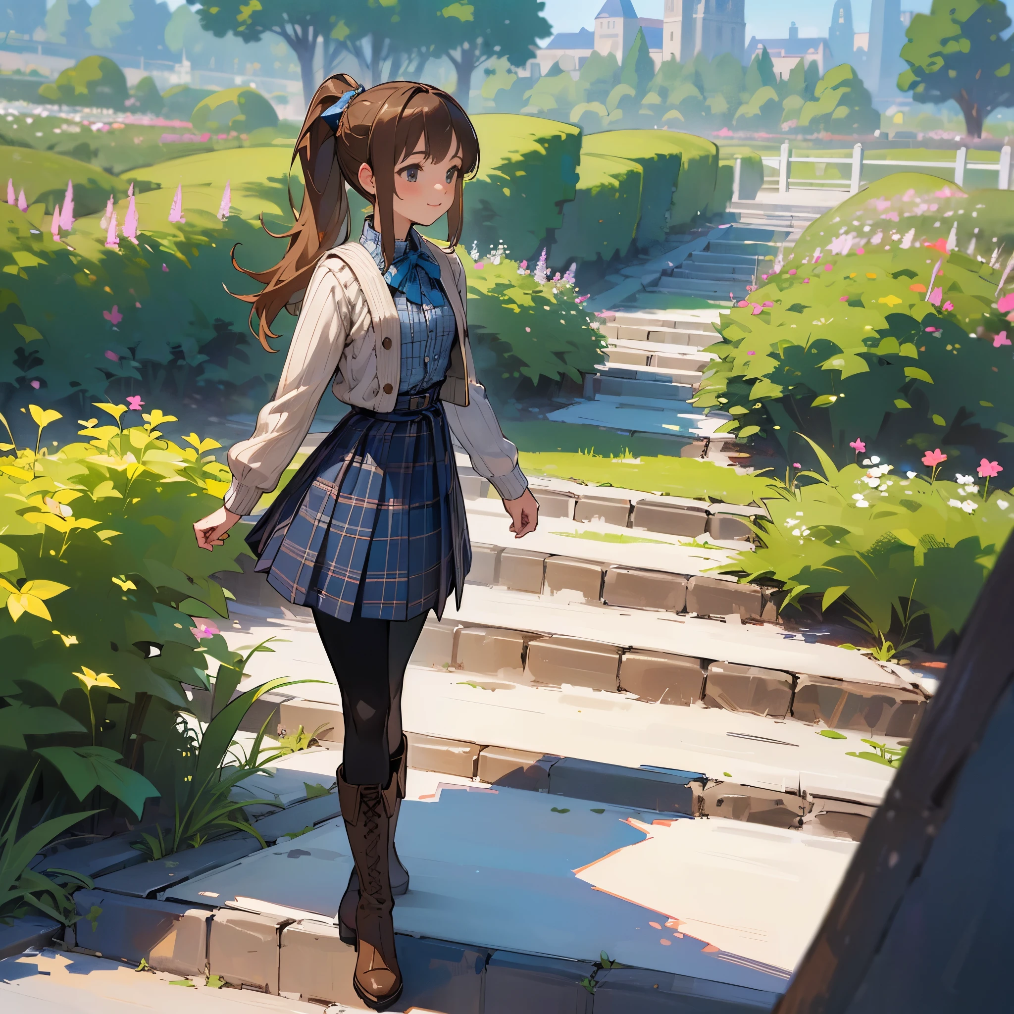 (high quality, high resolution, Super detailed, Reality:1.37), peaceful atmosphere, (outdoor, garden), girl standing alone, (big chest.), beautiful detailed features, cute smile, (Brown ponytail), ribbed sweater, blue plaid skirt, black tights, brown boots.