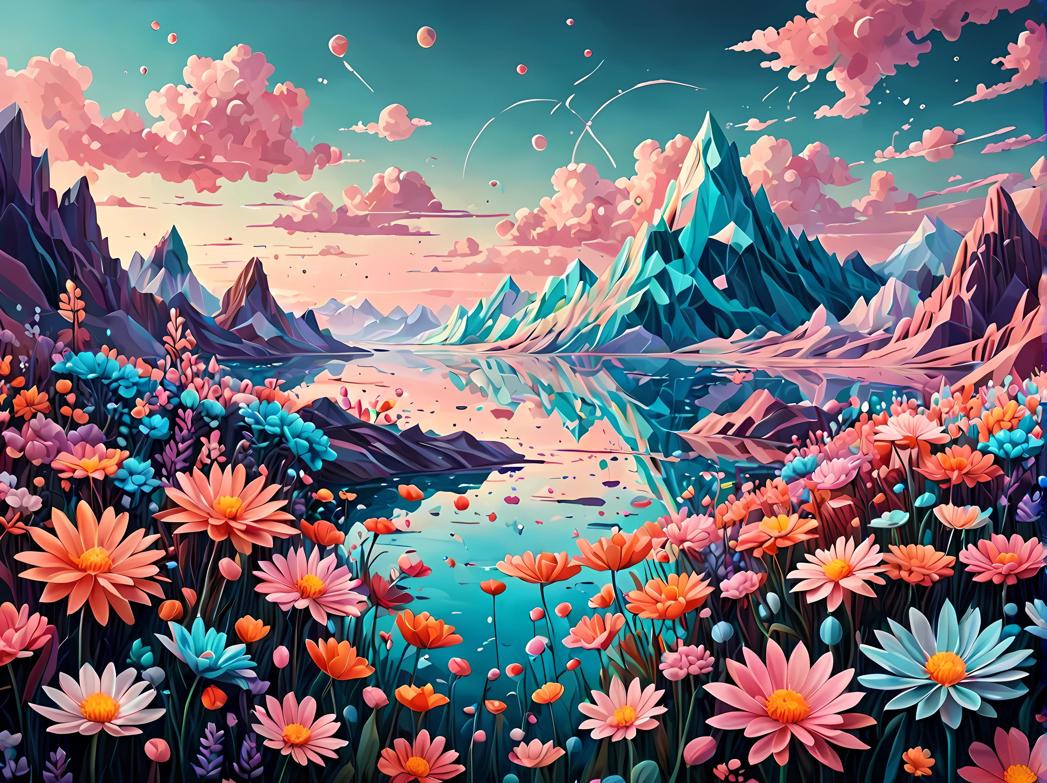 Design a visually captivating surreal ((cosmic)) masterpiece where celestial ((flowers)) are vibrant geometric shapes in a sea of ethereal pastel hues, each petal represents a distant galaxy, and the interplay of colors and patterns forms an otherworldly landscape, masterpiece in maximum 16K resolution, superb quality. | ((More_Detail))
