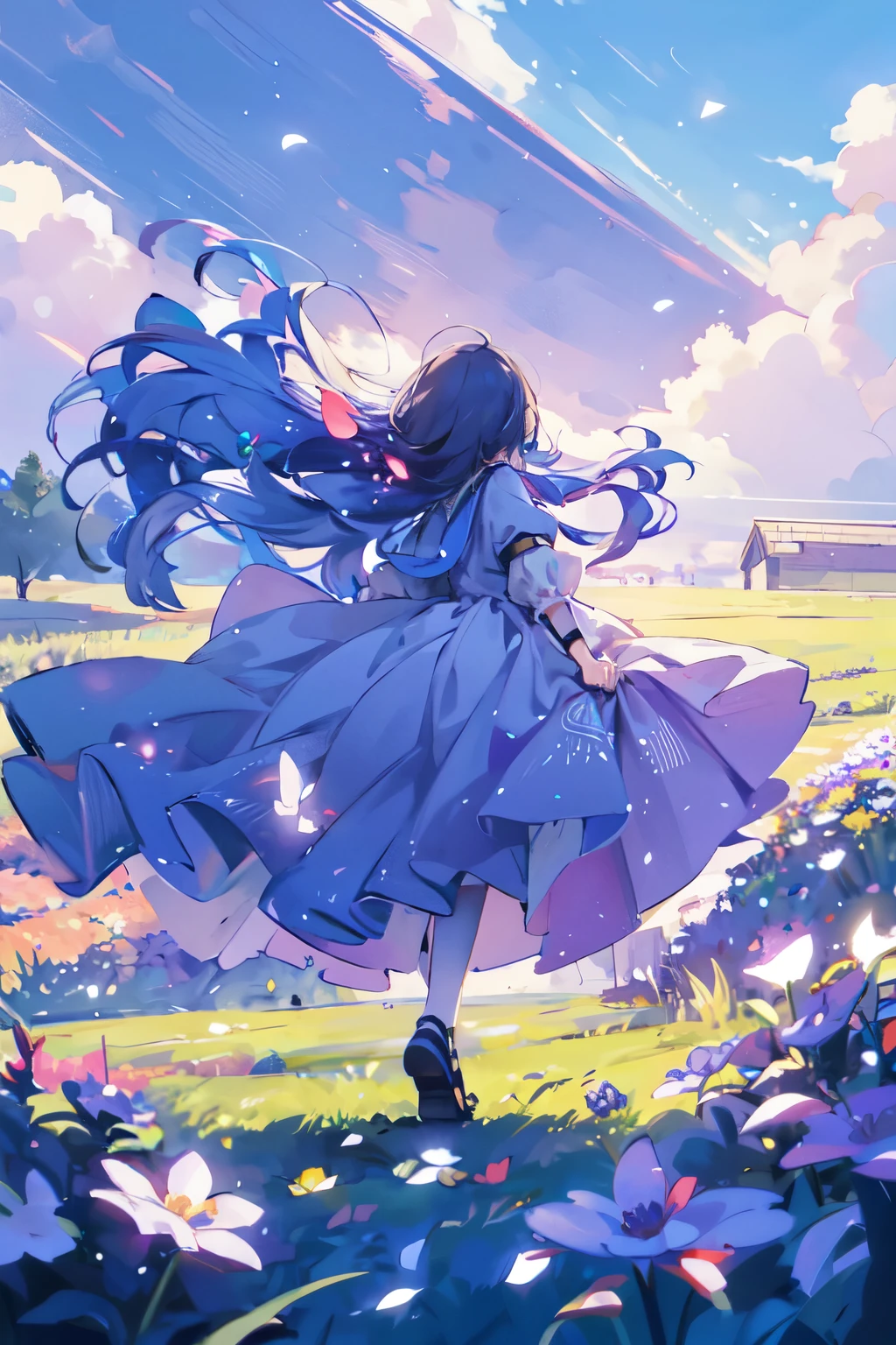 polychrome, limited palette, colorful,NEON COLOR, LOFI COLOR, ((masterpiece)), ((highest quality 16k)), ((ephemeral)), ((detailed and delicate)), bend down, 1girl, solo, long hair, holds a flower, high angle shot, wide view, dynamic angle, endless flower field, sunlight, light particles, flower petals, sweeping winds, dramatic sky, depth of field,