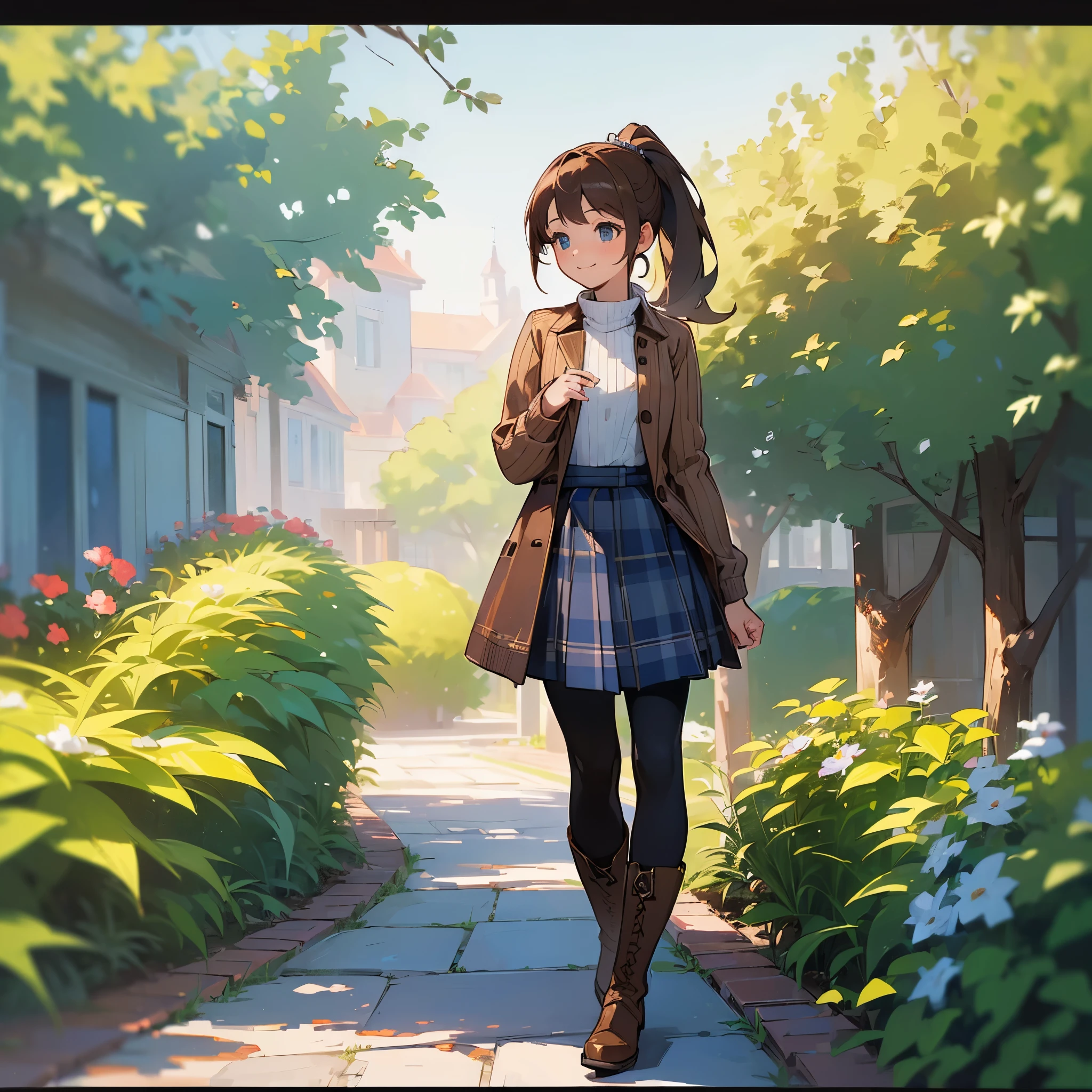(high quality, high resolution, Super detailed, Reality:1.37), peaceful atmosphere, (outdoor, garden), girl standing alone, (big chest.), beautiful detailed features, cute smile, (Brown ponytail), ribbed sweater, blue plaid skirt, black tights, brown boots.