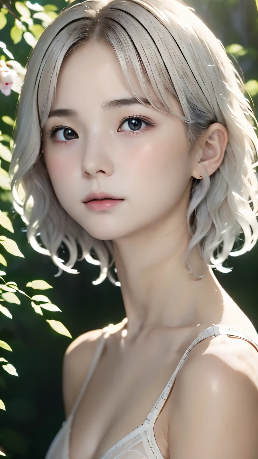 perfect anatomy、one girl、１８talent、An ennui look、((smile:0.1))、small nose、plump lips、detailed eyes、super detailed face、silver hair、short bob、messy hair、very fine skin、white skin、small breasts、small breasts、(highest quality:1.0), (超A high resolution:1.0) ,(realistic:1), (Super detailed:1.0), (8K RAW写真:1.1),