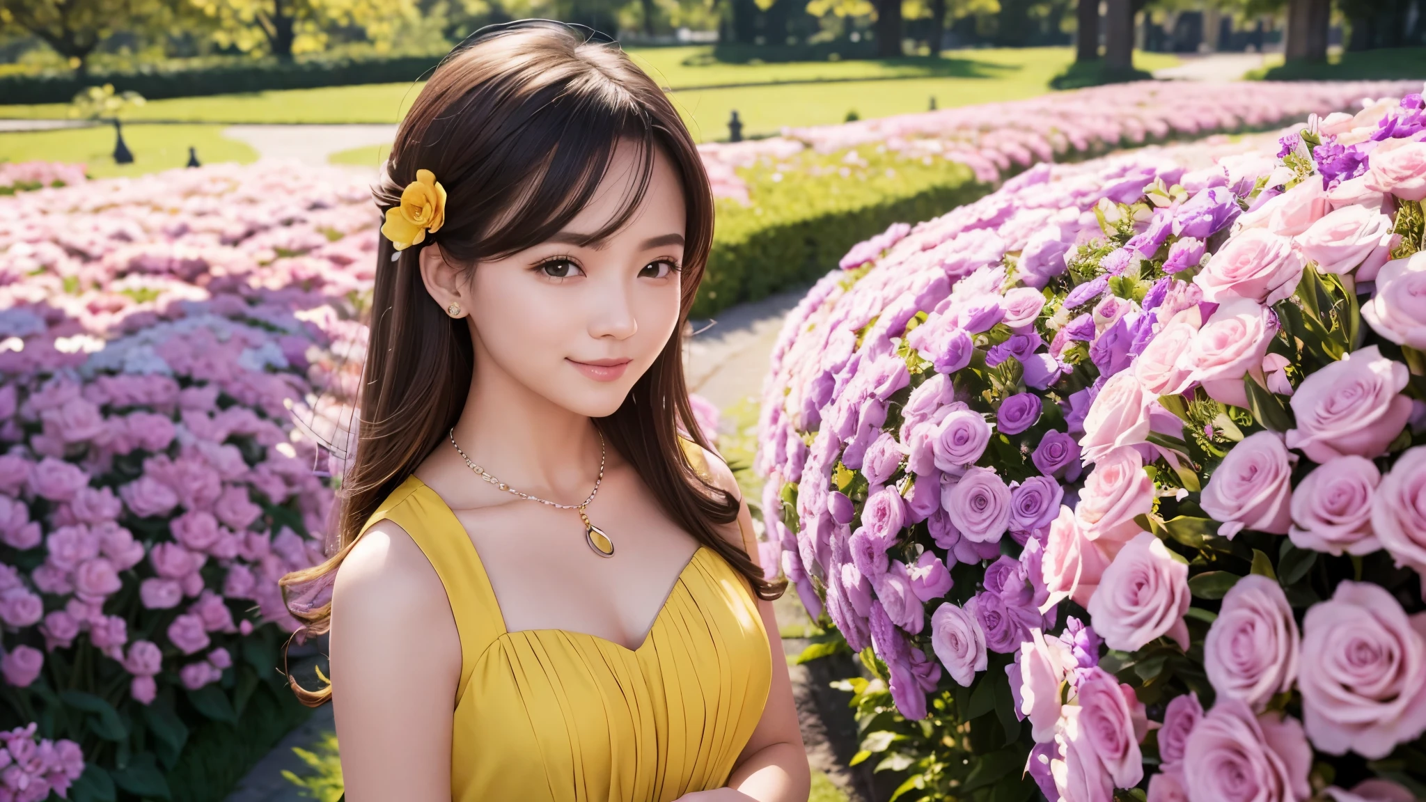 masterpiece, award winning, high quality, super detail, 8k, photo, girl, solo, smile, elegant dress, detailed dress, dressed up, elegant clothes, spring clothes, modern fashion, (theme color is bright yellow and violet), complemented with a necklace, (close up), (portrait style), in the flower garden, classic European style, in early spring, natural daylight, direct sunlight, harmonious color palette and composition