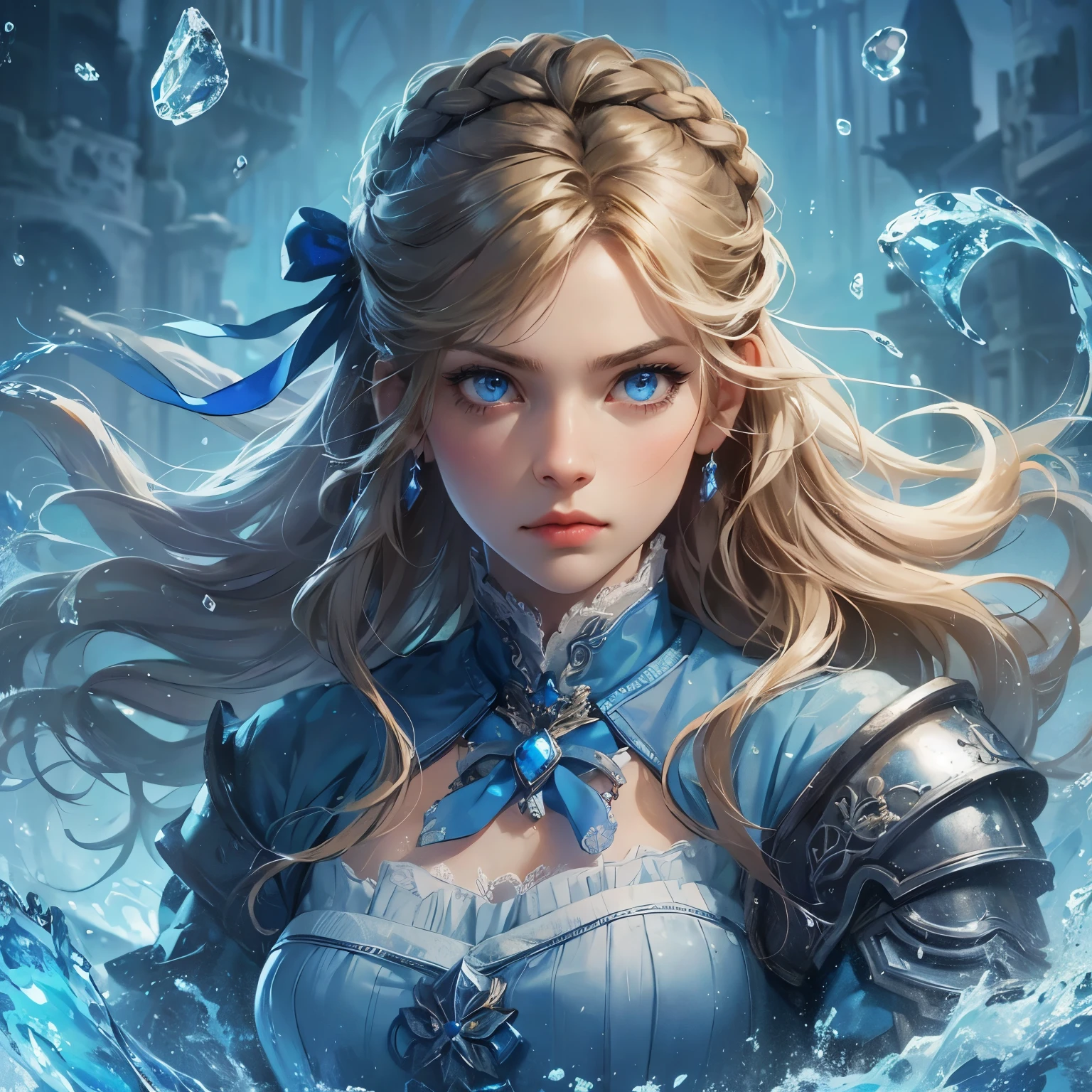 an animated fantasy novel style picture of a character portrait. Animated. She is 22 years young. She has blonde long hair tied with a blue bow. She is pretty with blue eyes. She is wearing a blue and white medieval feminine fantasy warrior gear. She is noble, beautiful and has a angry face. Water powers and water surround her. She controls ice. River dystopian background. Dark tragic theme. Serious.