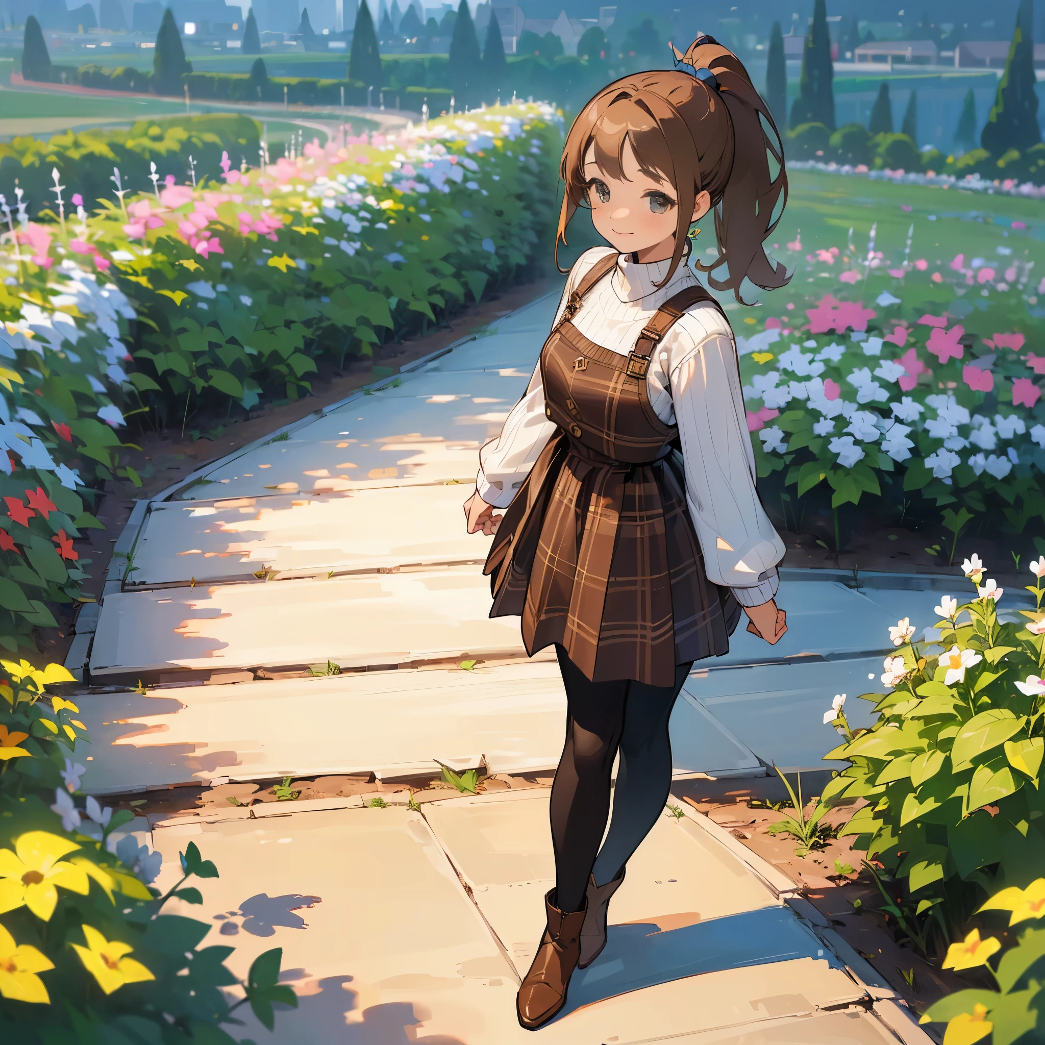 (high quality, high resolution, Super detailed, Reality:1.37), peaceful atmosphere, (outdoor, garden), teenage girl standing alone, (big chest.), beautiful detailed features, cute smile, (Brown ponytail), ribbed sweater, blue plaid skirt, black tights, brown boots.