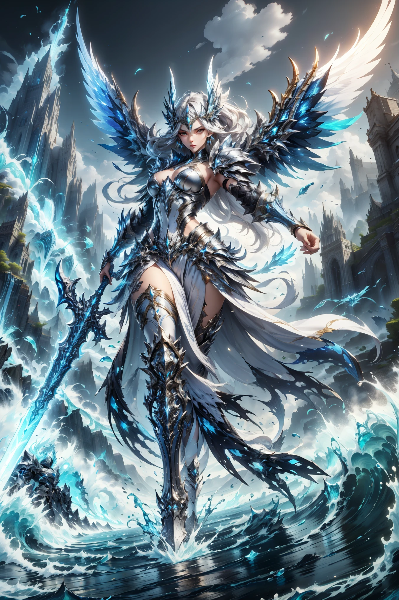 masterpiece, best quality, highres, a valkyrie floating in night sky, silver hair, cyan glowing electric eyes, very long hair, floating hair, wind, winged helmet, ray tracing, looking at viewer, open arms, elegant face, stern look, slim waist, windy scene, armor is white and gold, backlit, glowing light, goddess character, elegant, full body, flying in wind looking down at camera, wielding massive sword, beautiful face, detailed face, detailed hands, goddess of light