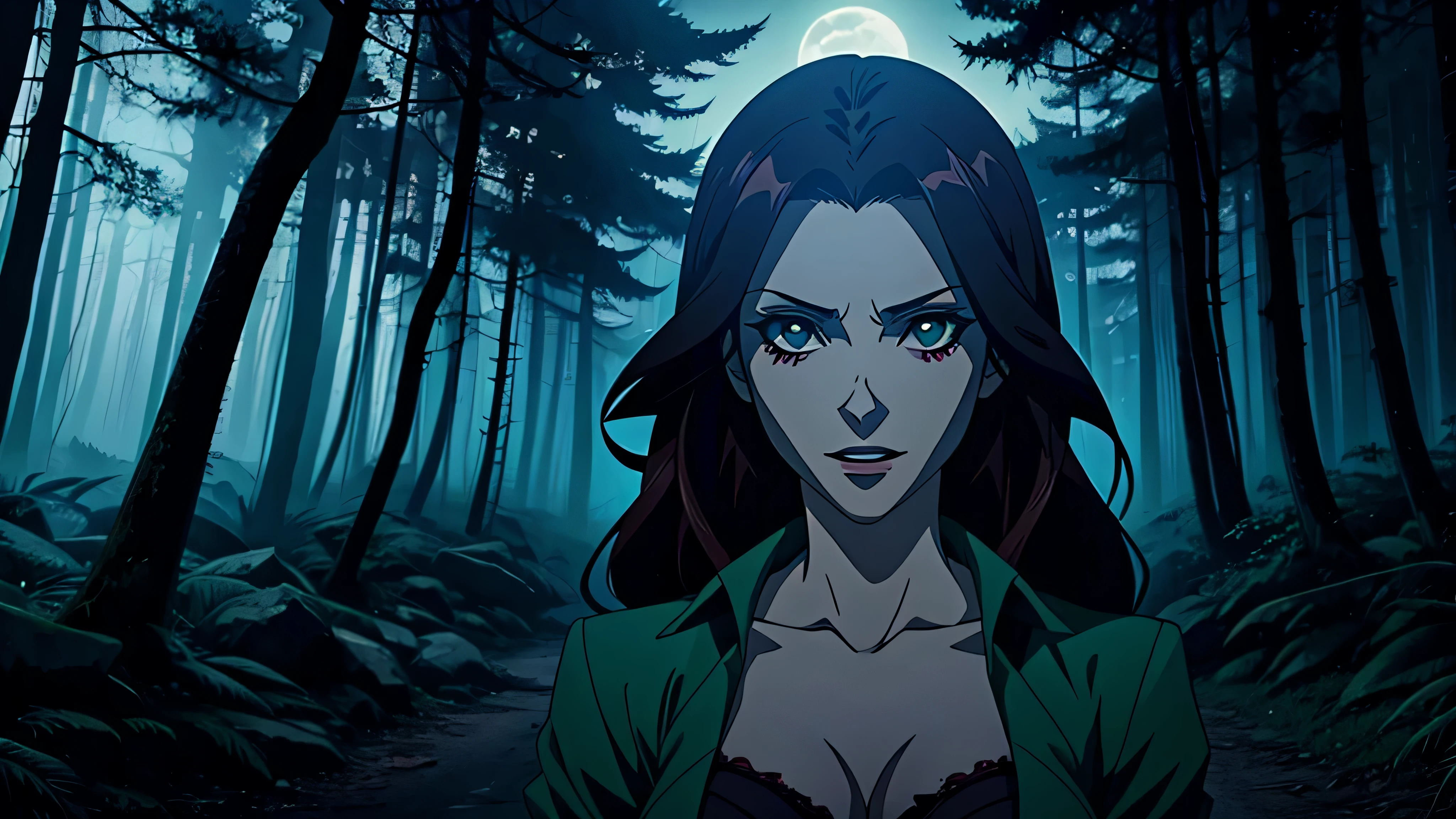 melhor qualidade, garota de anime, vampire girl in a haunted forest at night, morcegos