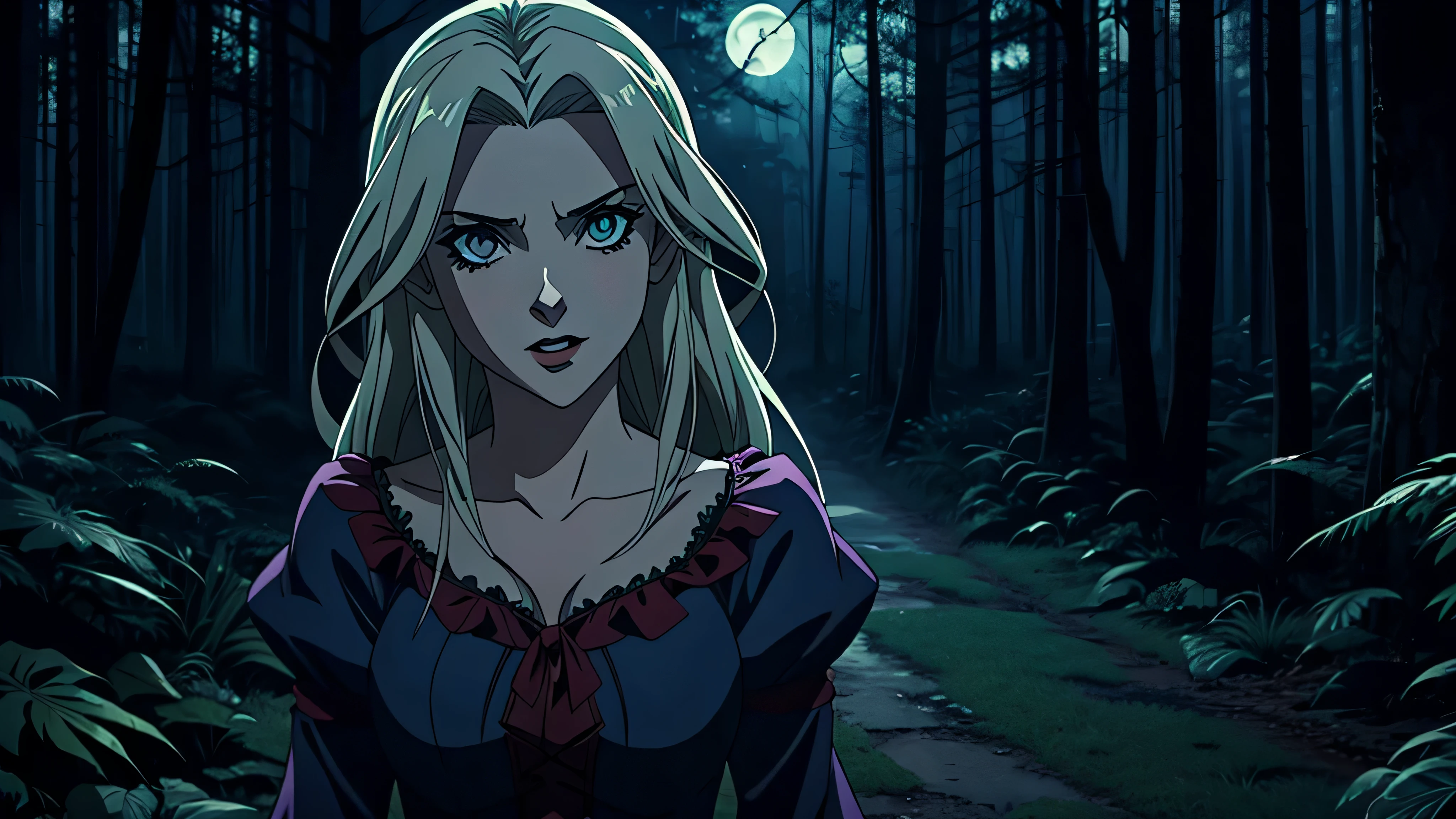 melhor qualidade, garota de anime, vampire girl in a haunted forest at night, morcegos