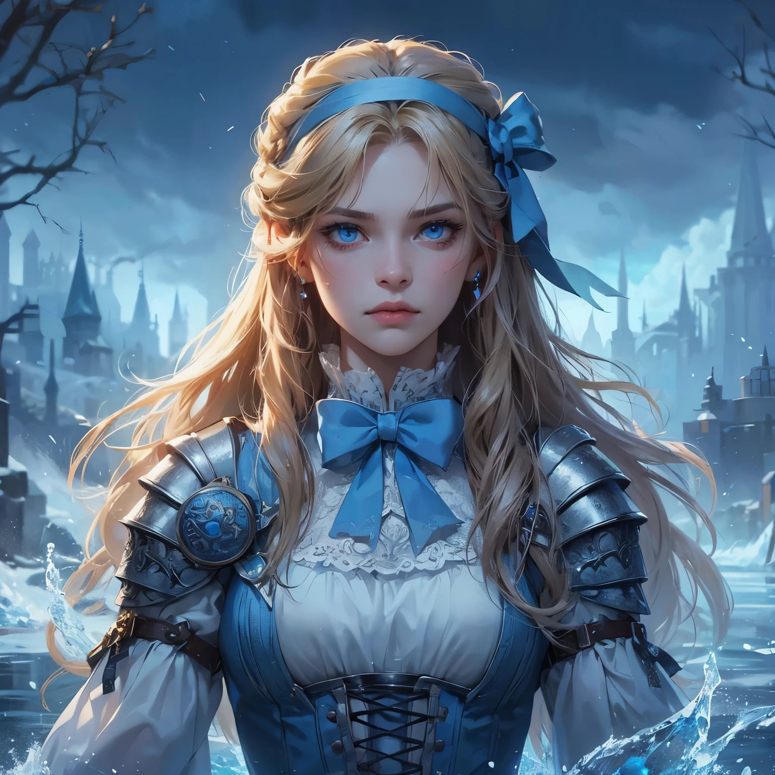 an animated fantasy novel style picture of a character portrait. Animated. She is 22 years young. She has blonde long hair tied with a blue bow. She is pretty with blue eyes. She is wearing a blue and white medieval feminine fantasy warrior gear. She is noble, beautiful and has a angry face. Water powers and water surround her. She controls ice. River dystopian background. Dark tragic theme. Serious.