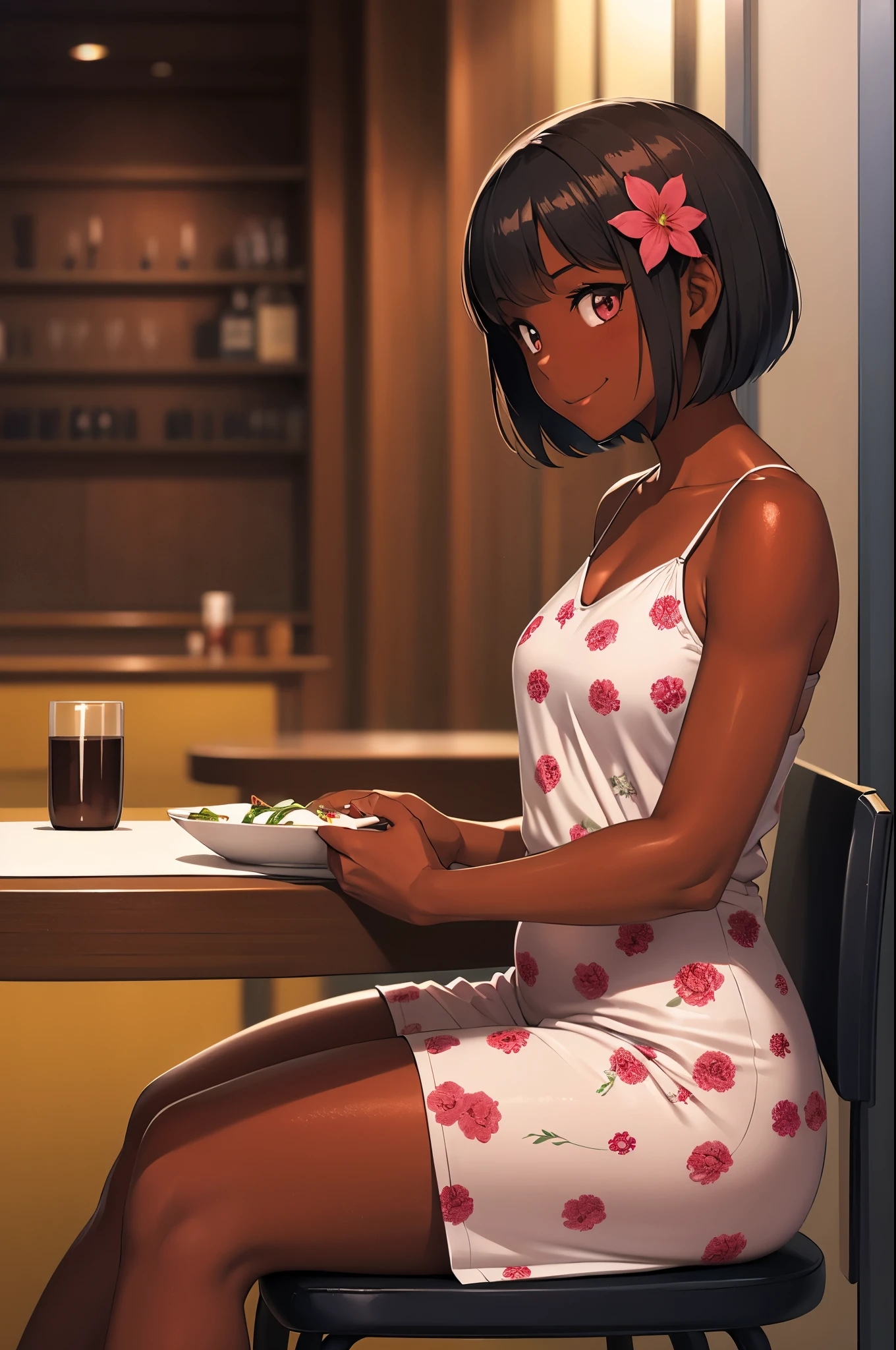 1 girl, dark skin, short flower print dress, short straight hair, innocent smile, sitting on a table, restaurant background