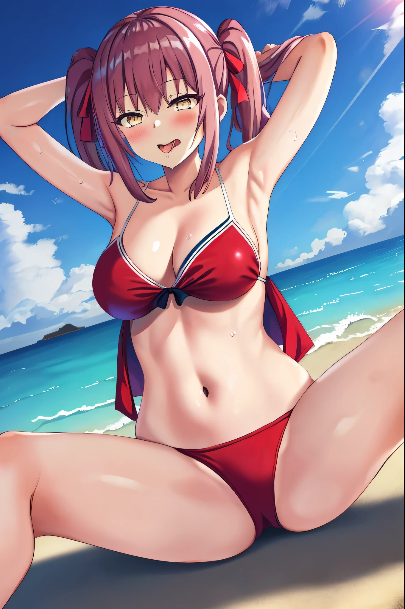 masterpiece, best quality, highres, 1girl, amasawa ichika, solo, 1girl, swimsuit, red_one-piece_swimsuit, she wear only swimsuit, navel, purple_hair, yellow eyes, outdoors, tongue, armpits, tongue_out, beach, big breasts, red slingshot_swimsuit, medium_hair twintail, blush, areola_slip, day, sitting, wet, ocean, ahegao, sky, thighs, water, blue_eyes, arms_up, open_mouth, spread_legs, blue_sky, bangs, red one-piece_swimsuit, cloud, arms_behind_head, collarbone