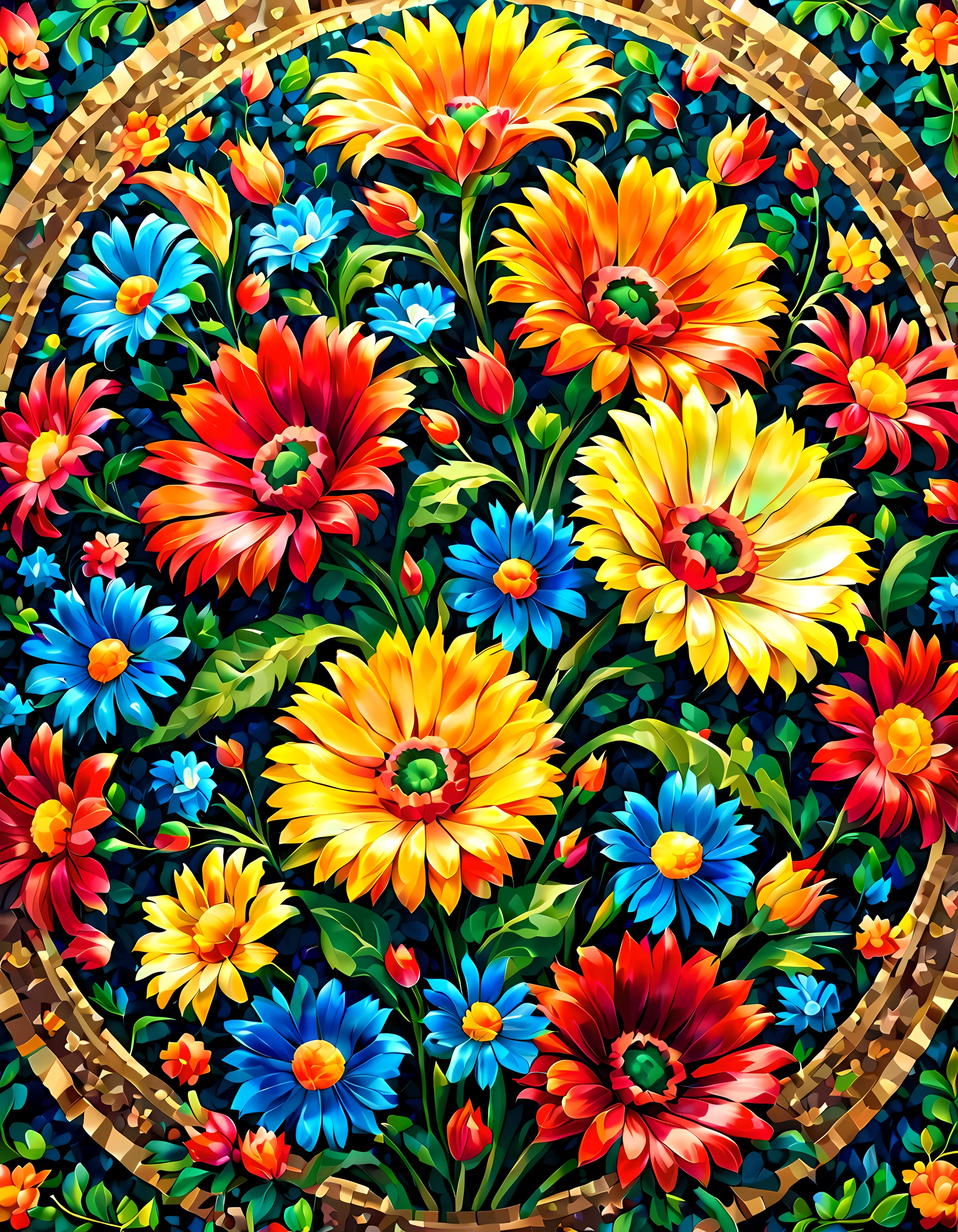 Design a visually captivating and harmoniouosaic))) artwork where ((flowers)) unfold in a mesmerizing display of colors and shapes, a tapestry of intricate patterns and textures, vibrant hues swirling and intermingling, a sense of wonder and enchantment, masterpiece in maximum 16K resolution, superb quality. | ((More_Detail))