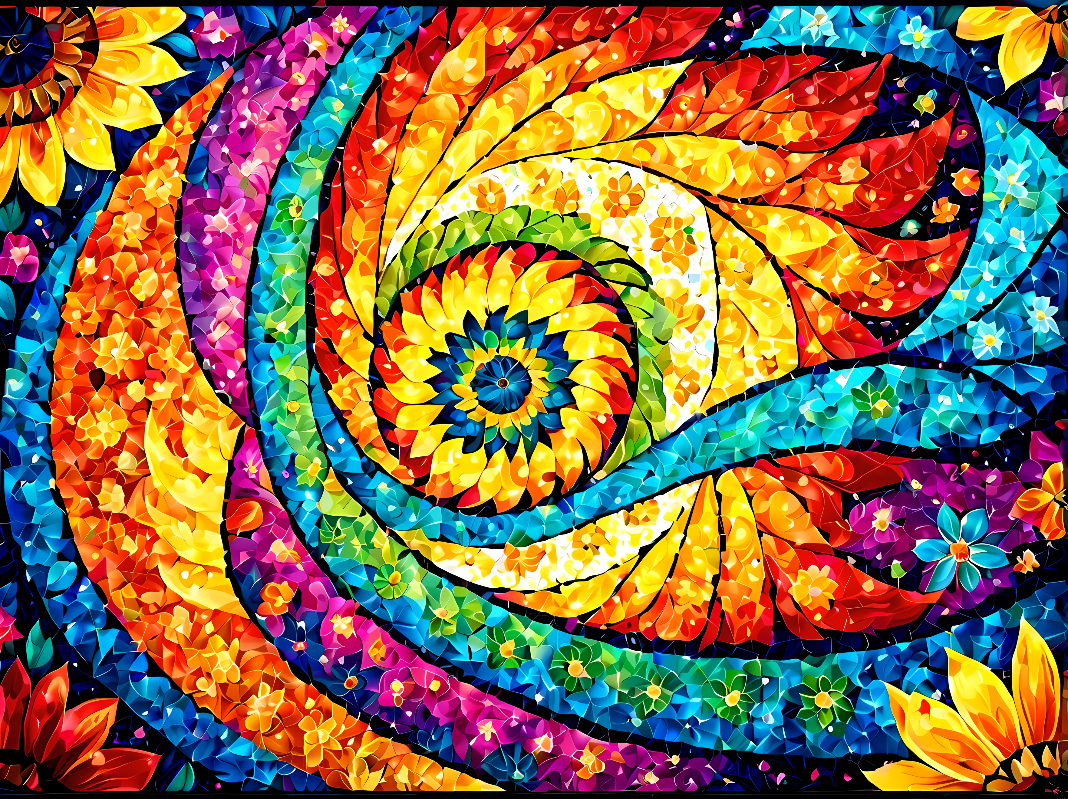Design a visually captivating and harmoniouosaic))) artwork where ((flowers)) unfold in a mesmerizing display of colors and shapes, a tapestry of intricate patterns and textures, vibrant hues swirling and intermingling, a sense of wonder and enchantment, masterpiece in maximum 16K resolution, superb quality. | ((More_Detail))