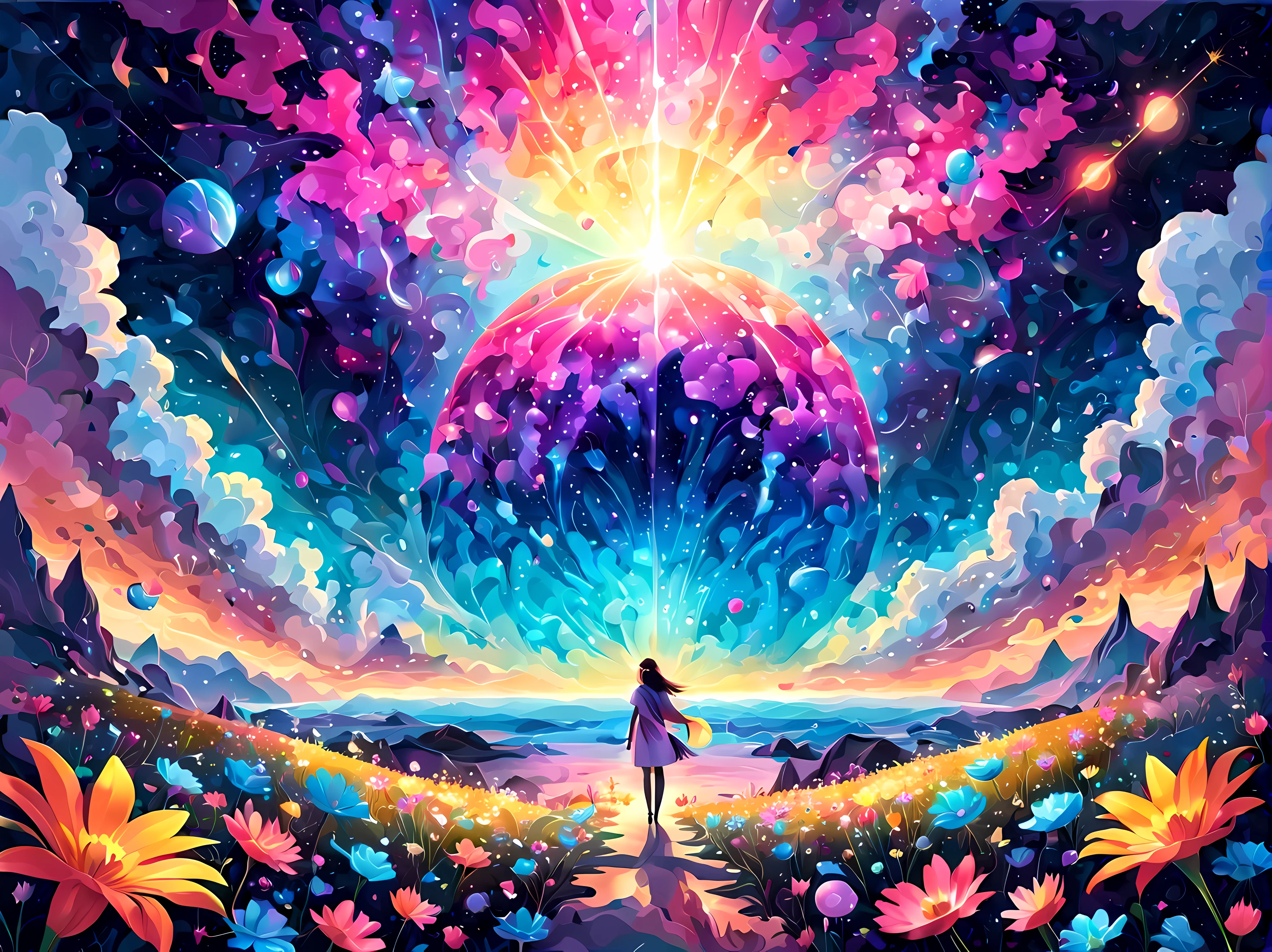 Design a visually captivating surreal ((cosmic)) masterpiece where celestial ((flowers)) are vibrant geometric shapes in a sea of ethereal pastel hues, each petal represents a distant galaxy, and the interplay of colors and patterns forms an otherworldly landscape, masterpiece in maximum 16K resolution, superb quality. | ((More_Detail))