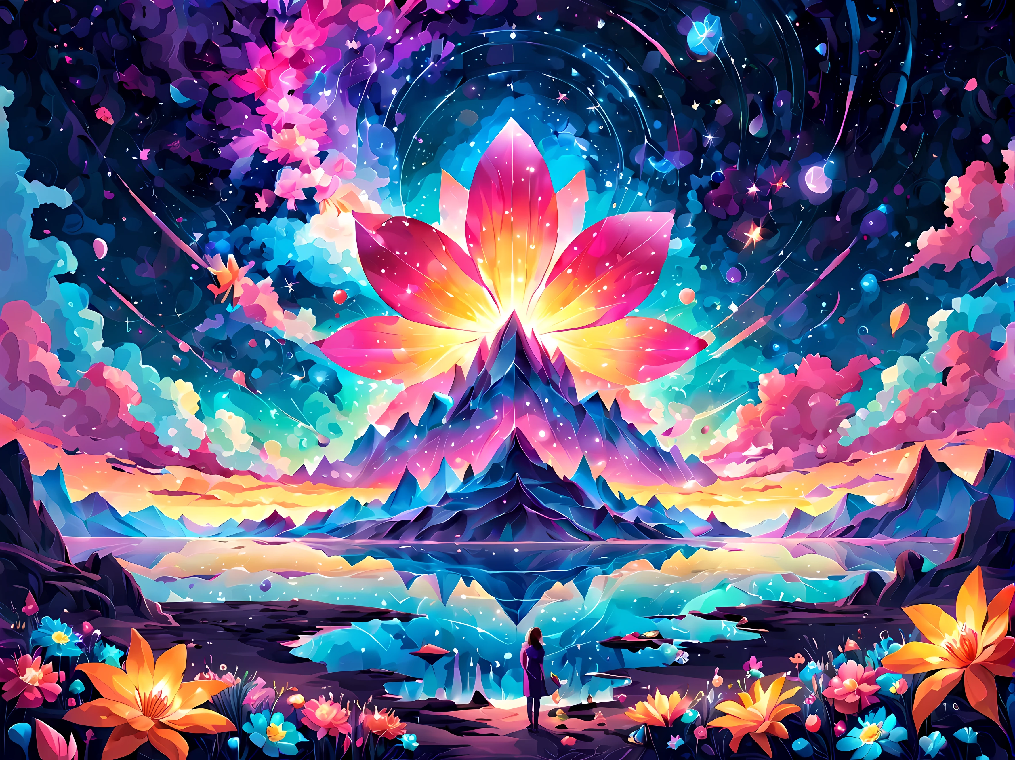 Design a visually captivating surreal ((cosmic)) masterpiece where celestial ((flowers)) are vibrant geometric shapes in a sea of ethereal pastel hues, each petal represents a distant galaxy, and the interplay of colors and patterns forms an otherworldly landscape, masterpiece in maximum 16K resolution, superb quality. | ((More_Detail))
