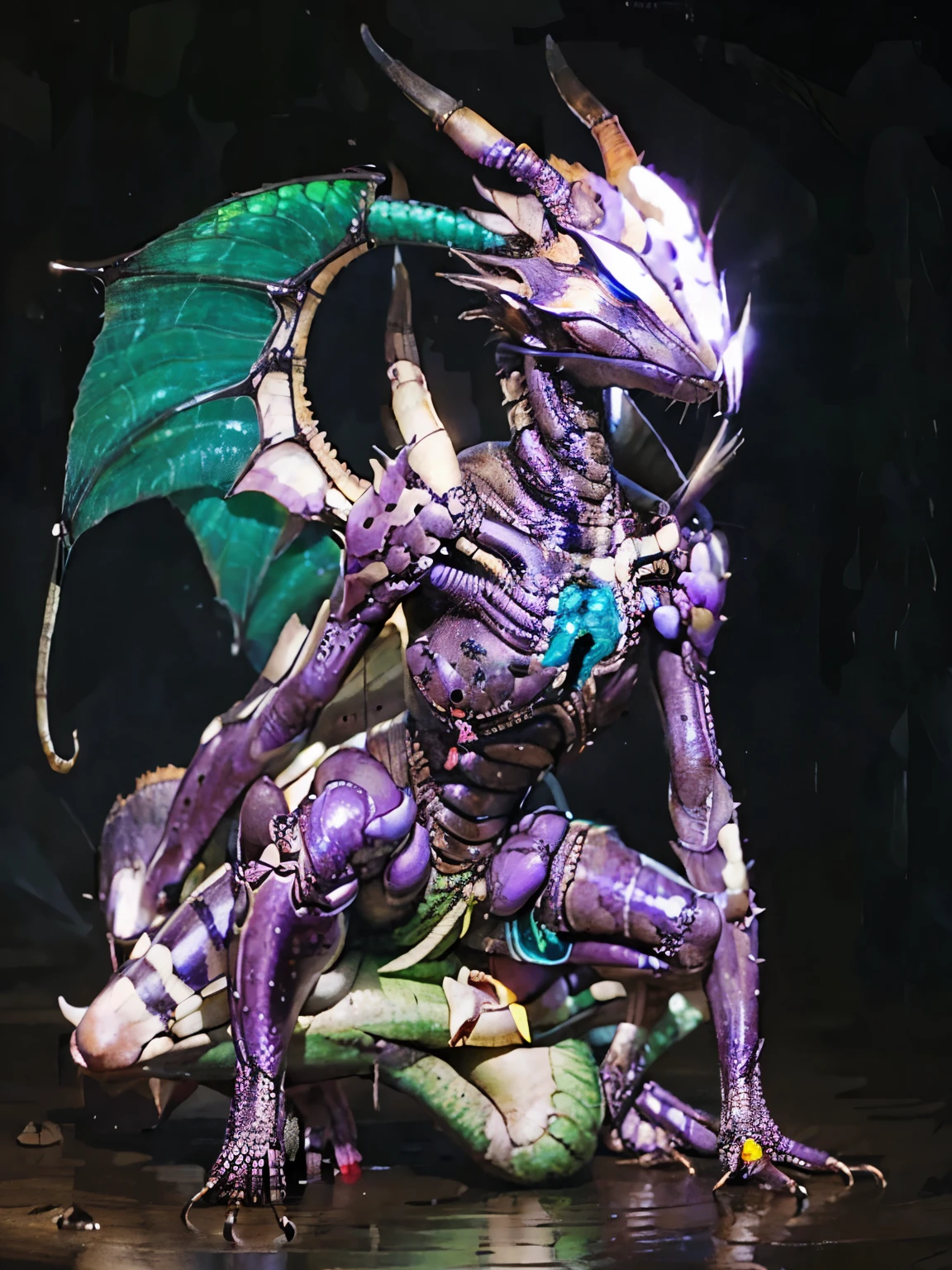 Female alien with ((scales)) all over her body, snake-shaped face, slender neck, one purple eye, open mouth spit out long tongue, mucus, short hands, long curly body, rainforest, glitter, glowing plants in the background
