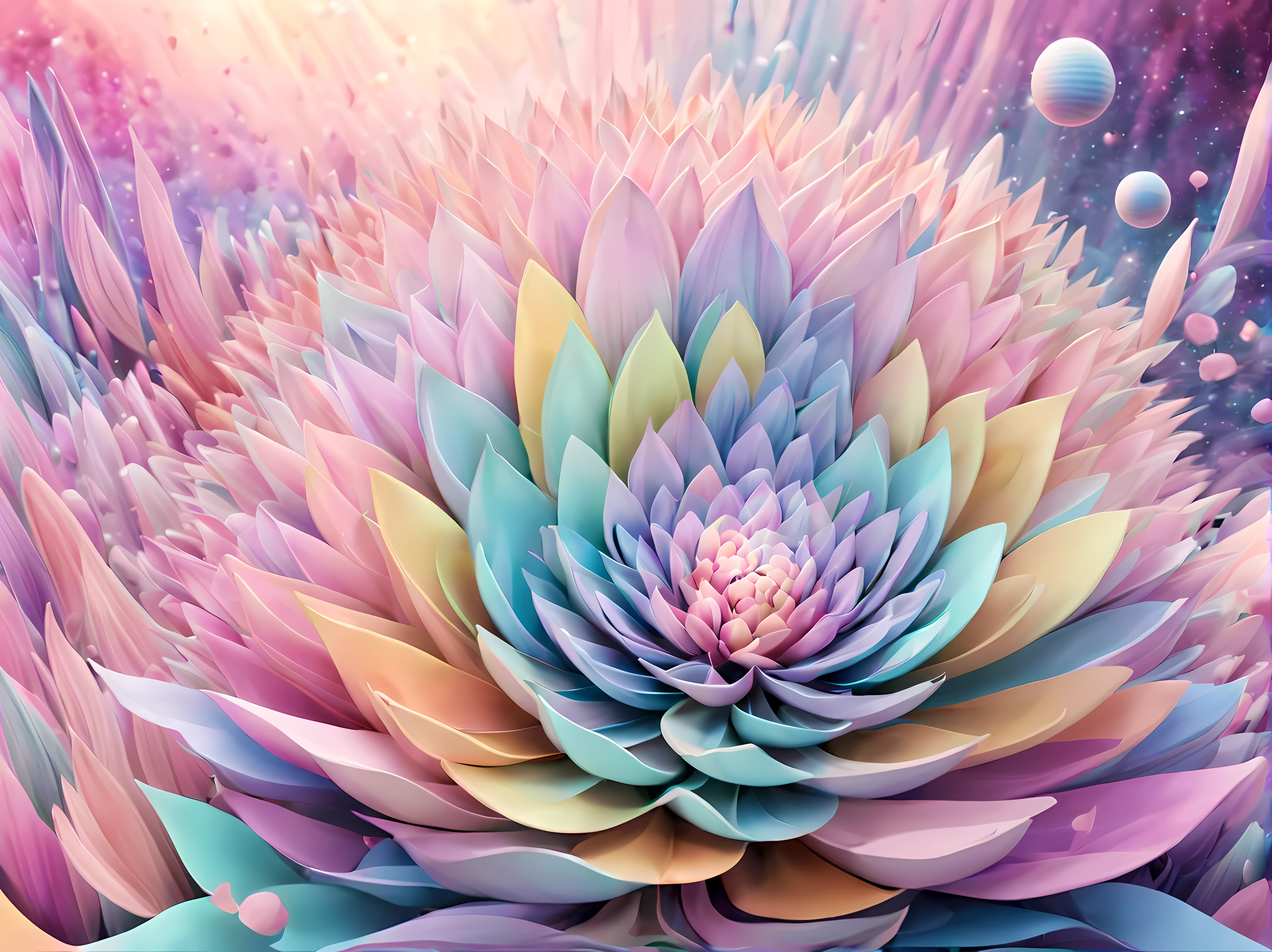 Design a visually captivating surreal cosmic masterpiece where celestial ((floweranifest as vibrant geometric shapes in a sea of ethereal pastel hues, each petal represents a distant galaxy, and the interplay of colors and patterns forms an otherworldly landscape, masterpiece in maximum 16K resolution, superb quality. | ((More_Detail))