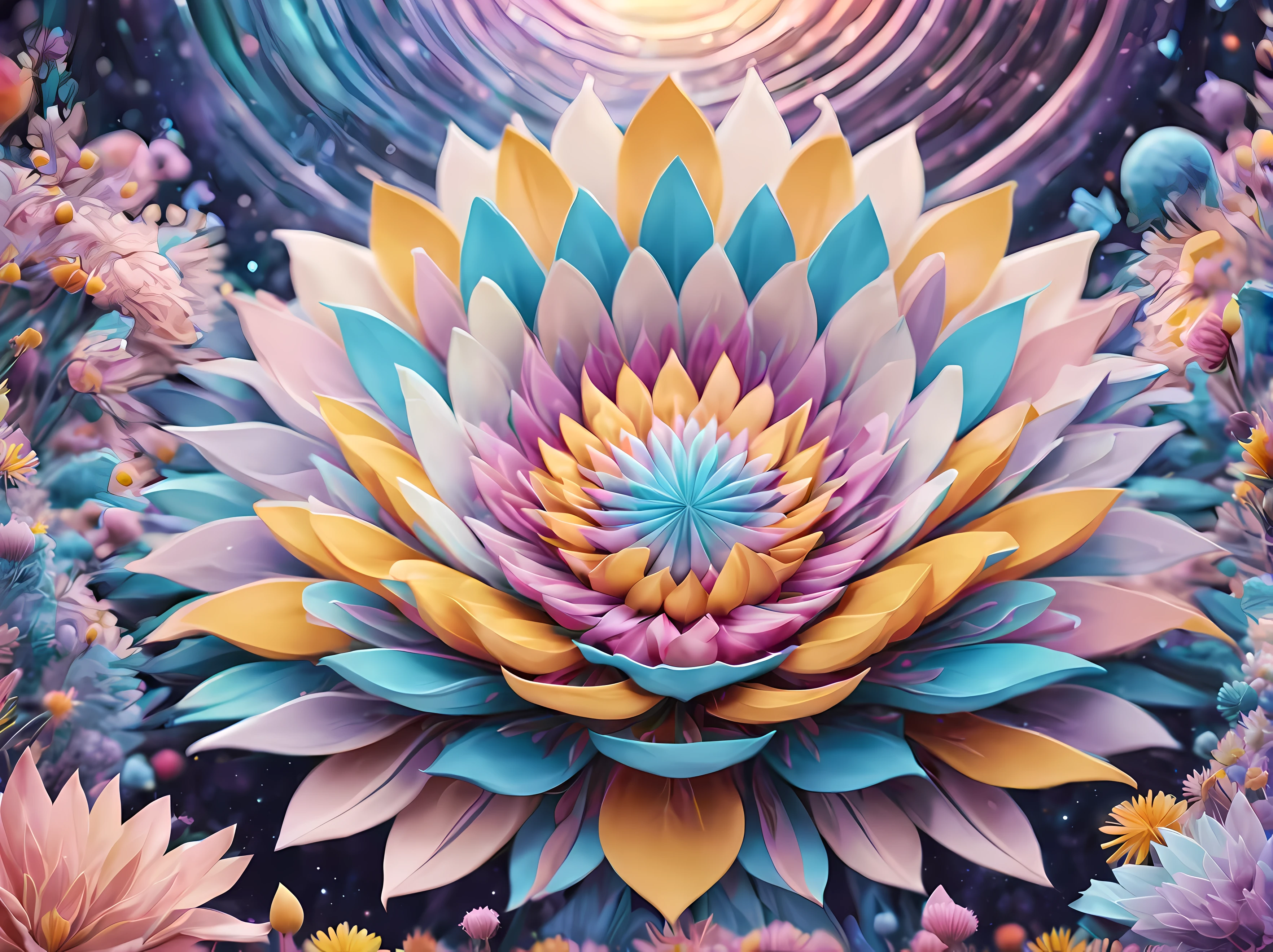 Design a visually captivating surreal ((cosmic)) masterpiece where celestial ((flowers)) are vibrant geometric shapes in a sea of ethereal pastel hues, each petal represents a distant galaxy, and the interplay of colors and patterns forms an otherworldly landscape, masterpiece in maximum 16K resolution, superb quality. | ((More_Detail))