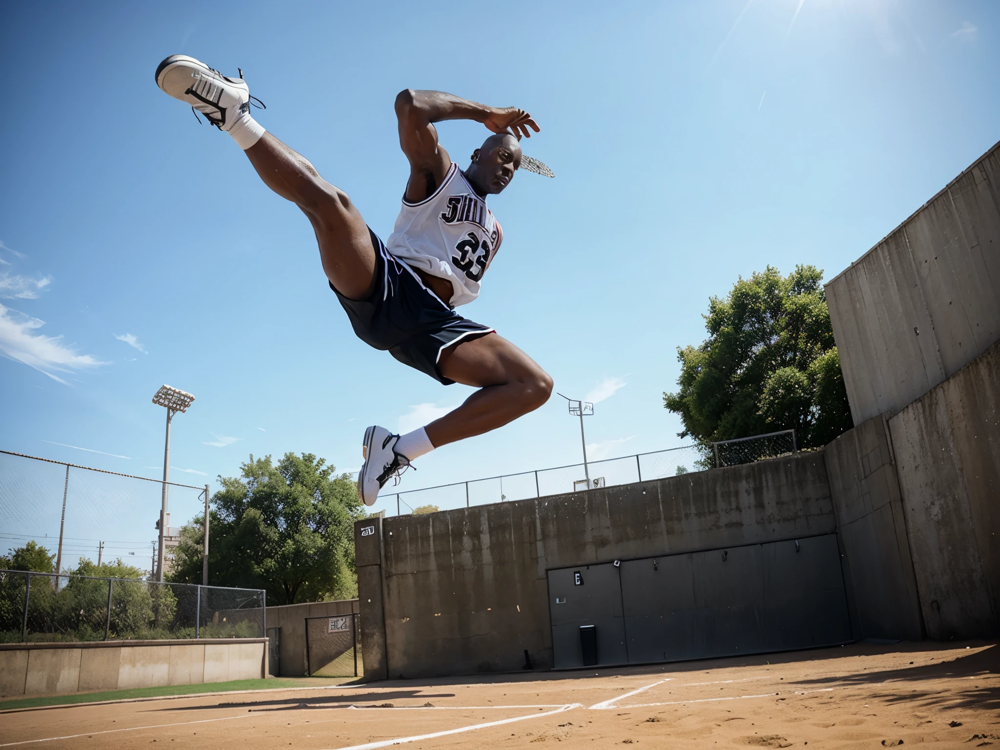 Michael Jordan doing a 360 windmill in a street ball park