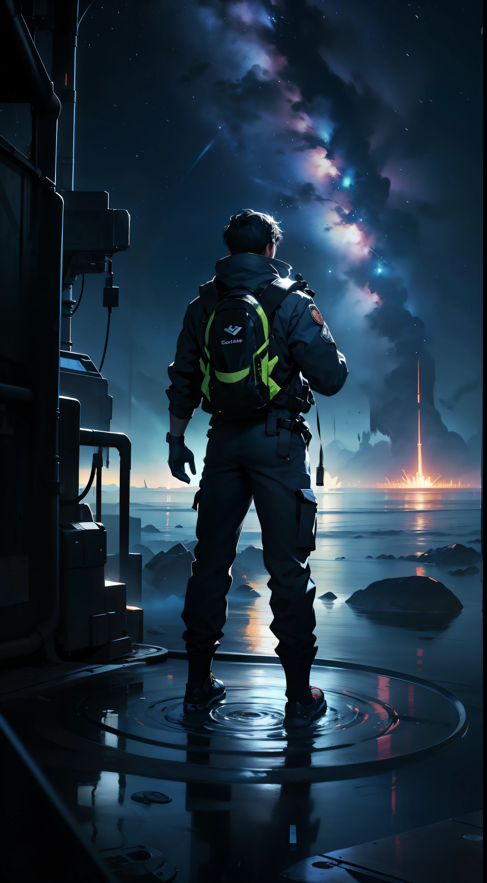Picture an image featuring a person immersed in a vibrant and dynamic environment that encapsulates the essence of various scientific fields. The person, portrayed as an avid explorer, stands at the center, symbolizing the curiosity and passion for knowledge. dark sky.