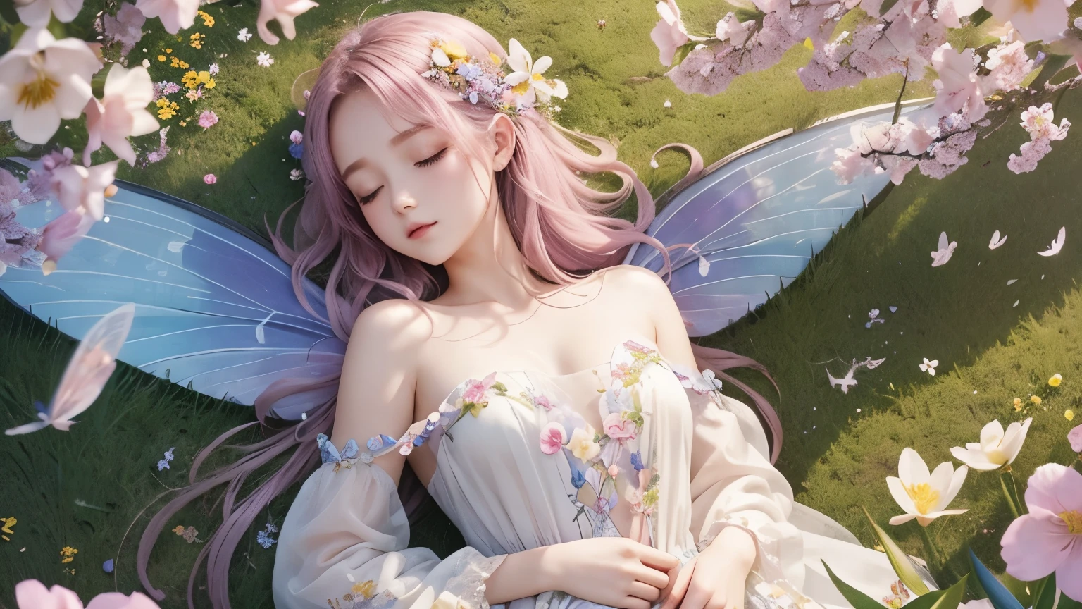 One beautiful fairy with wings、(Sleeping)、On your back、angle of attack、pink champagne gold hair、bangs、Upper body、Lustrous lips、Flowers in the foreground、spring scenery、surrounded by spring flowers、colorful flower field、high resolution、mysterious、high resolution、