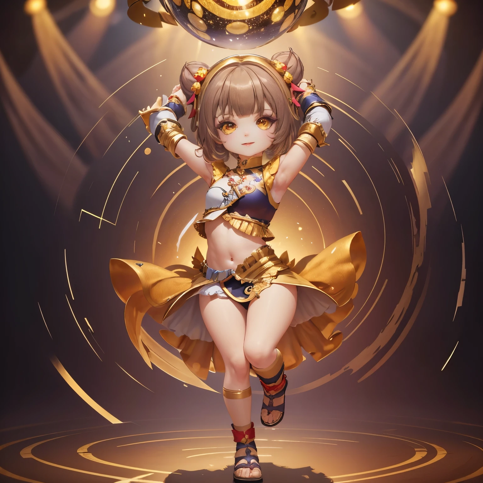 ​masterpiece、top-quality、ultra-detailliert、(Chibi Chara's Daughter:1.32),Belly dance,rainbow costume,The background is a simple gold background,(mirror ball:1.2),The glitter shines,a smile,Full-body standing figure.dancing dancing,Countless sparkling stars, 1 girl 