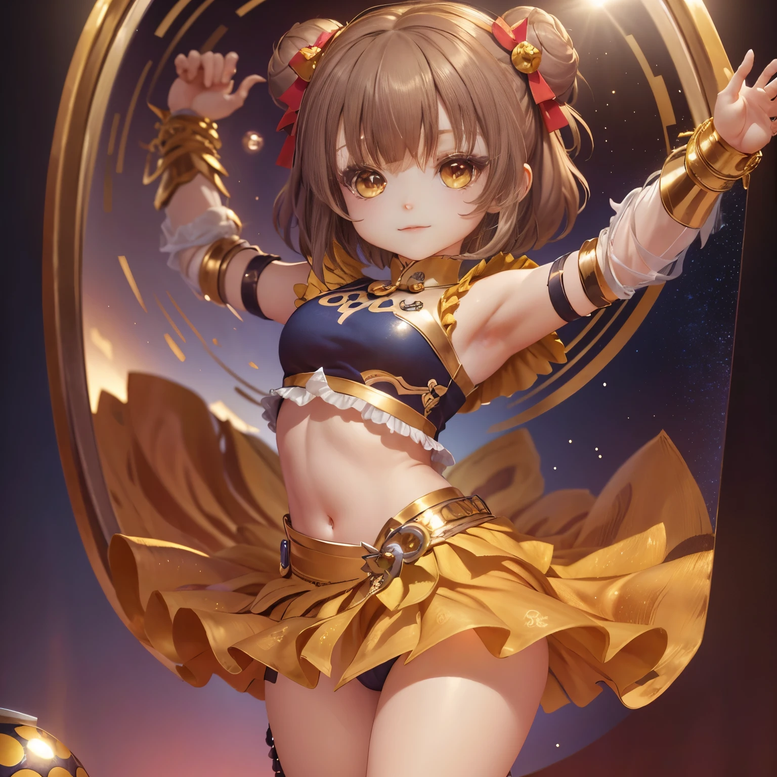 ​masterpiece、top-quality、ultra-detailliert、(Chibi Chara's Daughter:1.32),Belly dance,rainbow costume,The background is a simple gold background,(mirror ball:1.2),The glitter shines,a smile,Full-body standing figure.dancing dancing,Countless sparkling stars, 1 girl 