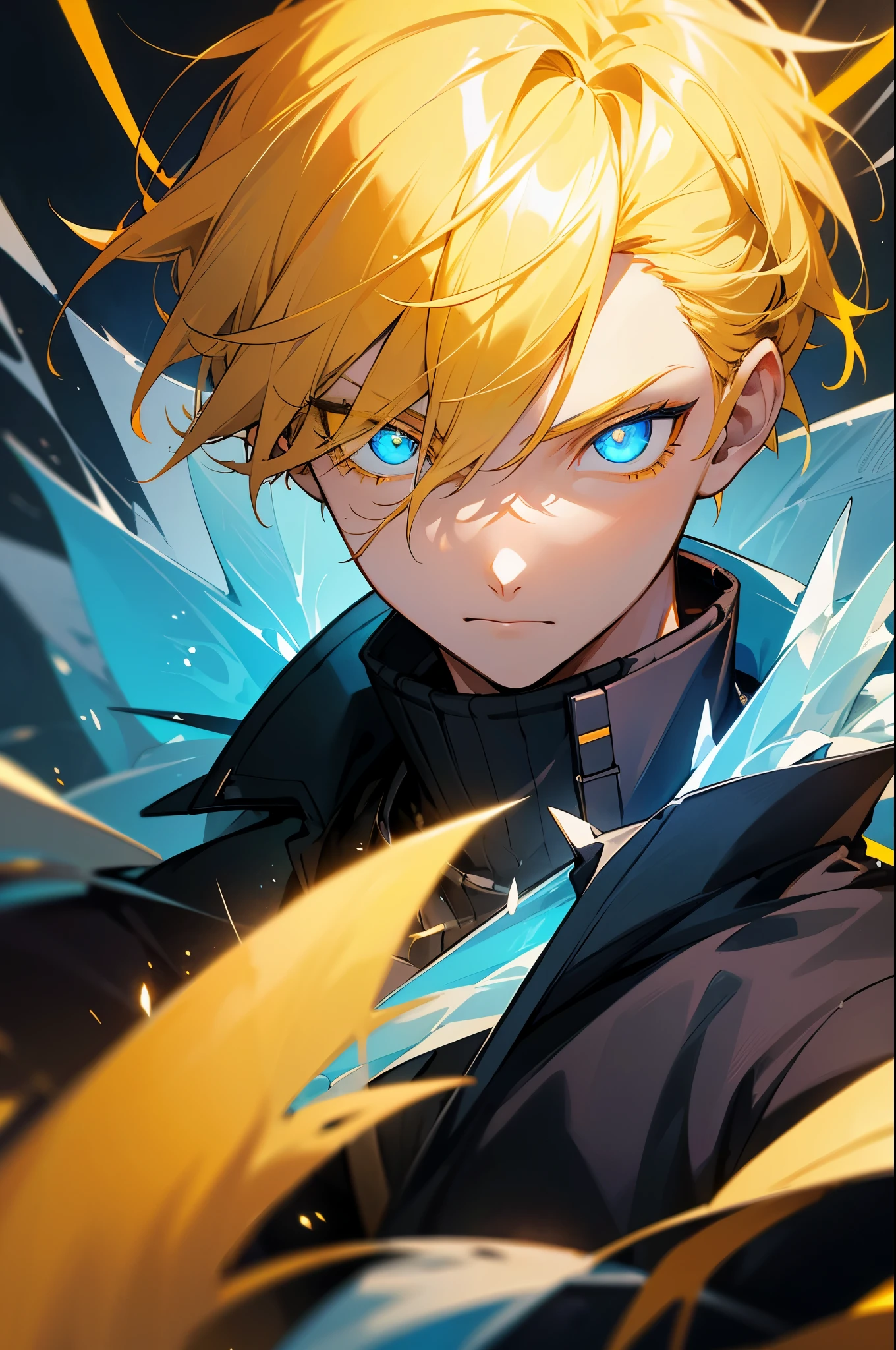 1boy,wearing a black jacket, blue ice energy all a round, ice, blizzard,golden eyes, ((yellow hair)),short messy unkept hair, ultra detailed eyes, glowing eyes, highest quality digital art, Stunning art, wallpaper 4k, highly detailed,BREAK