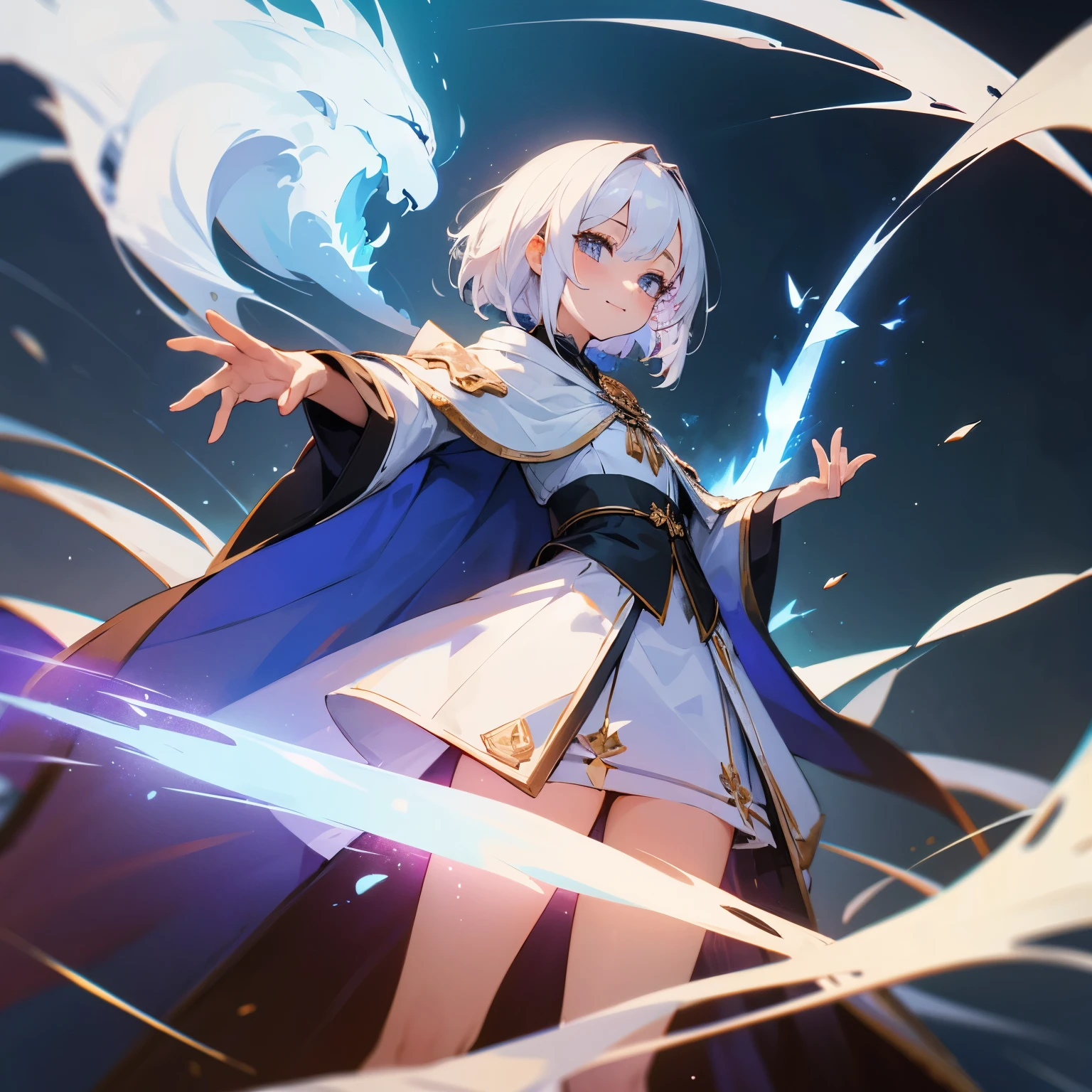 ((best quality)), ((masterpiece)), (detailed) 1girl, white hair, skirt mage, mage outift, casting magic, library background, small smile, short girl
