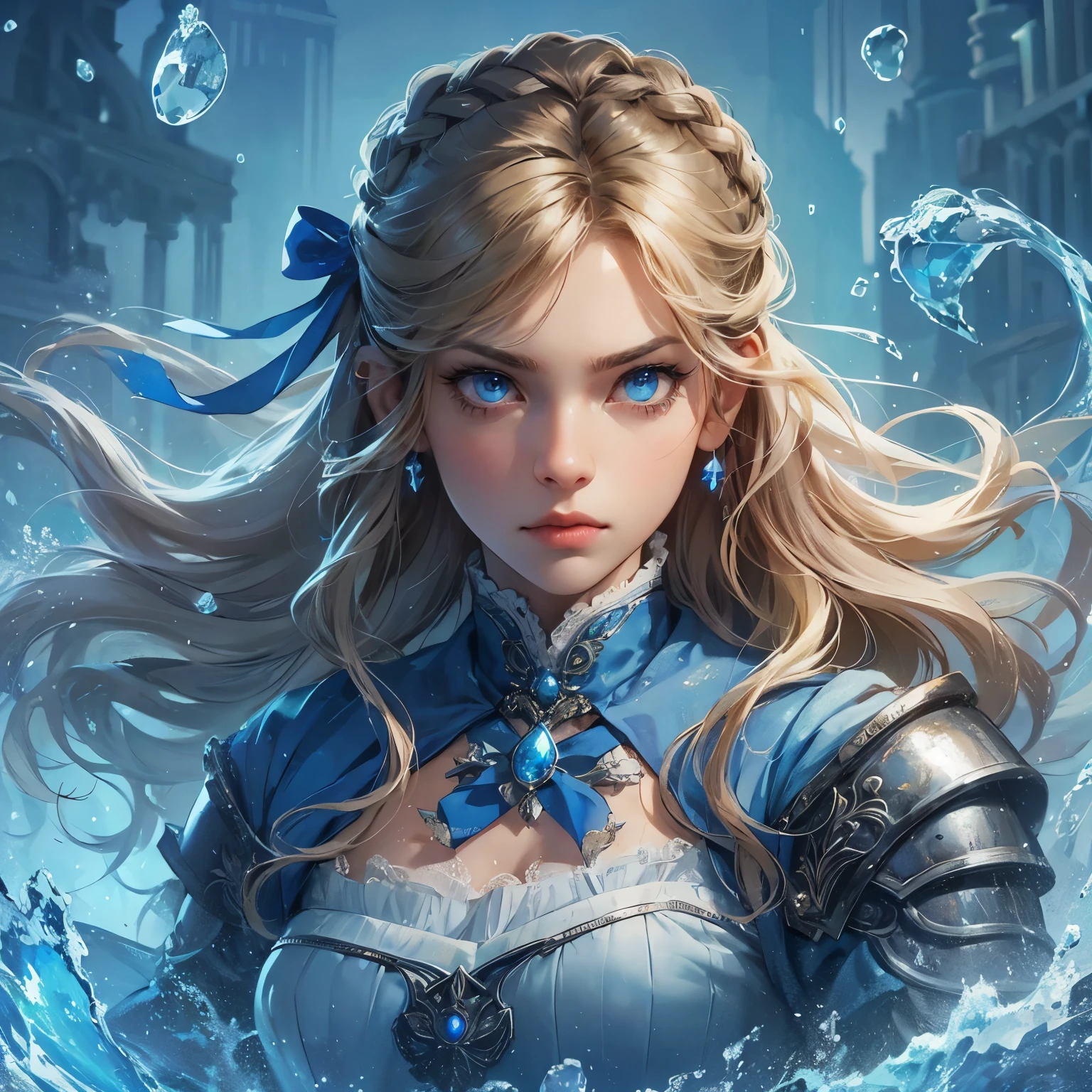 an animated fantasy novel style picture of a character portrait. Animated. She is 22 years young. She has blonde long hair tied with a blue bow. She is pretty with blue eyes. She is wearing a blue and white medieval feminine fantasy warrior gear. She is noble, beautiful and has a angry face. Water powers and water surround her. She controls water. River dystopian background. Dark tragic theme. Serious.