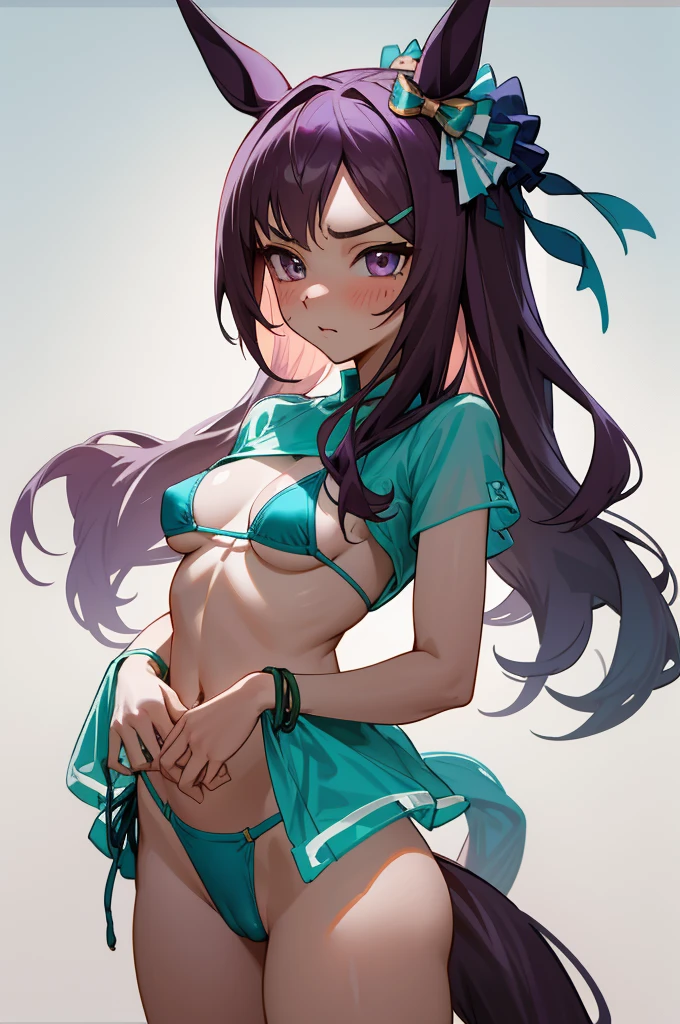 White-eye Dober/Uma Musume、Sneaky Micro Bikini、Micro bikini with a fairly small fabric area、Sheer Micro Bikini、Higre、masterpiece、highest quality、abuscular body、horse ears、horse tail、big breasts、cameltoe、super detailed face、shy look、sensual、Ocean、sexy pose、cowboy shot