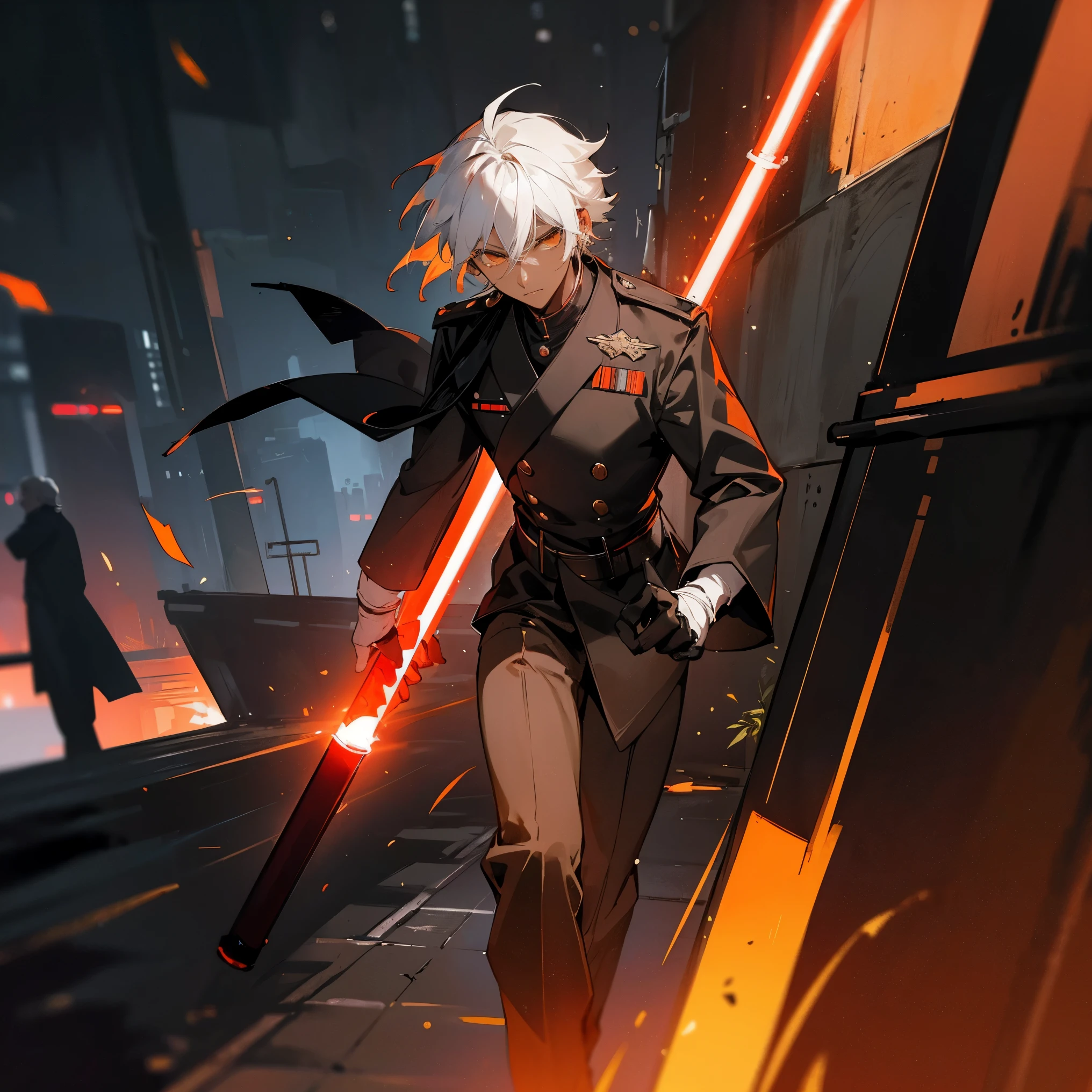 1male, young teen, dark skin, medium messy white hair, finely detailed orange eyes, black long sleeve clothing, north korean navy uniform, black glove on single hand, emotionless expression, walking down ally, night, futuristic city, holding red light saber