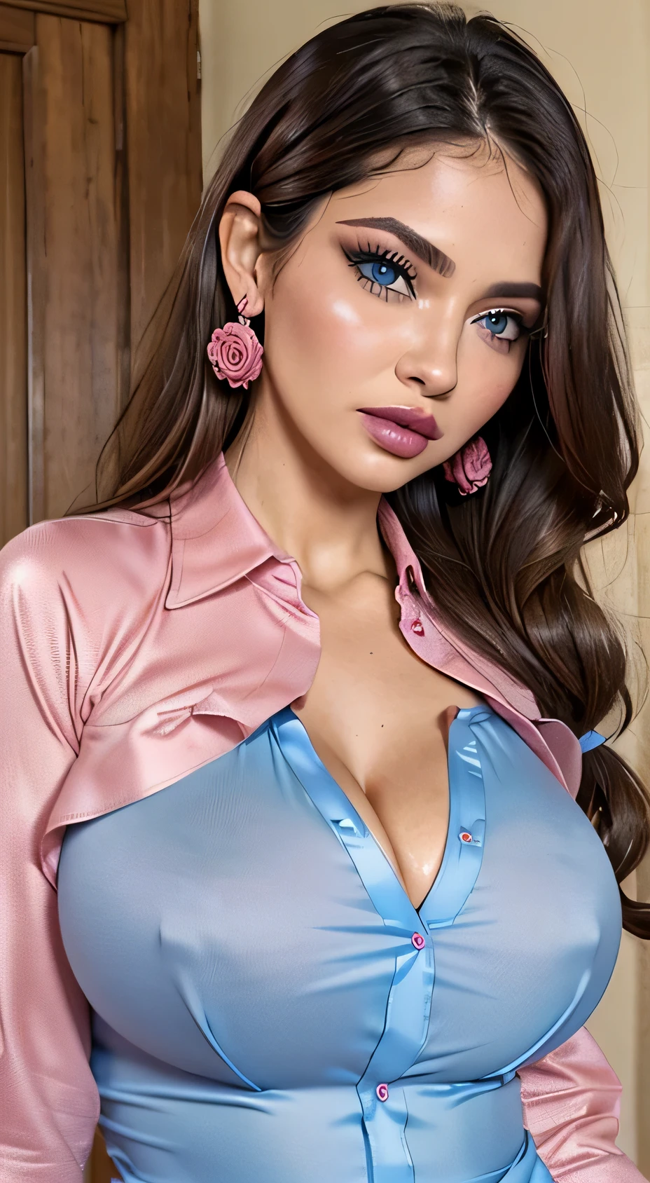 NSFW, mujer bella (((piel texturizada))), piel bronseada, (((camisa corta por encima de los pezones))) tetas redondas sudadas, (((tetas realistas con venas))), ojos azules, long eyelashes, (((labios rosados)))


