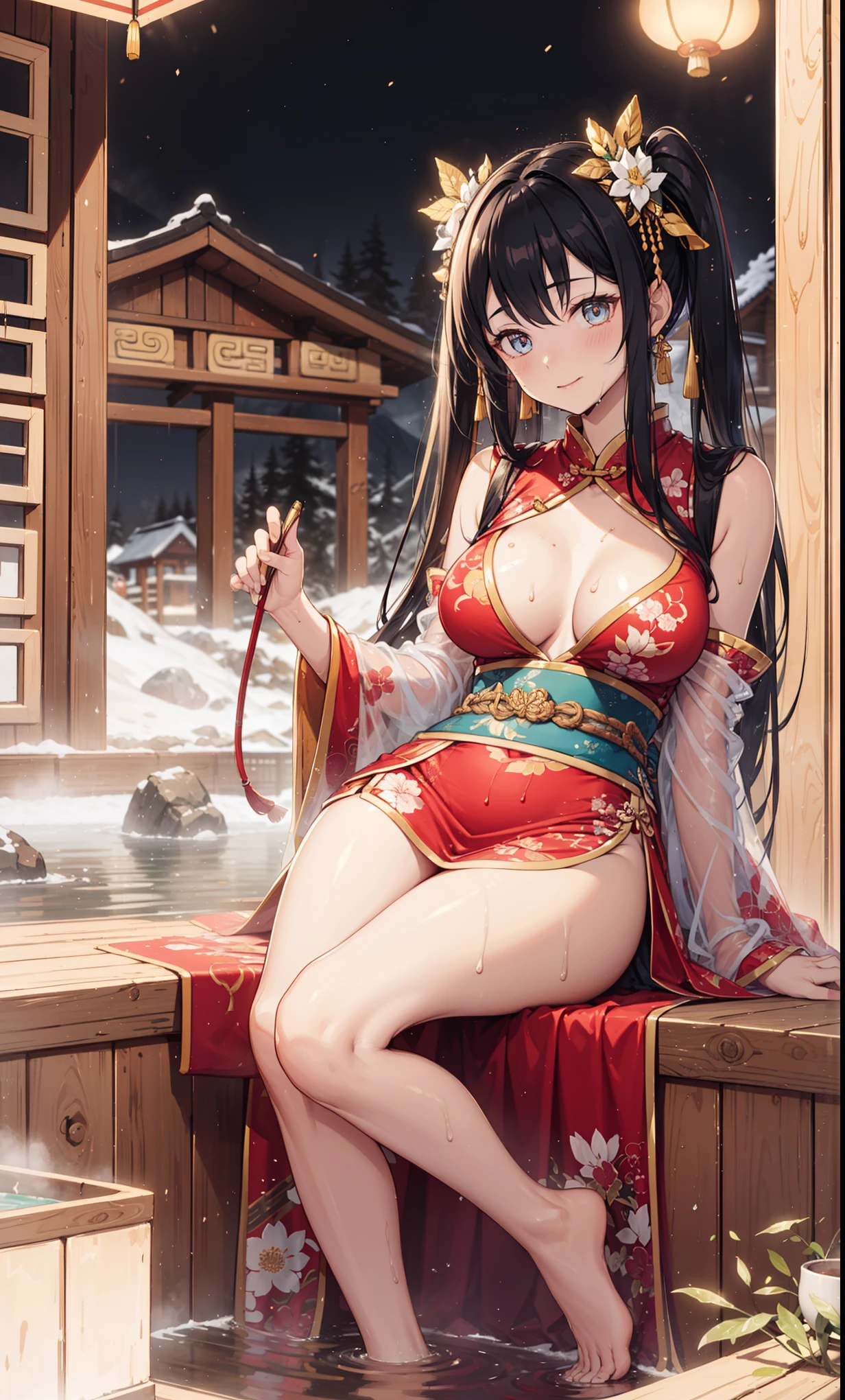 top quality，best resolution，(Black and gold embroidered cheongsam），Super detailed, She has golden twin tails，20-year-old young girl，light eyes，she has earrings, wealth，gorgeous，Vision, Vision，Elegant and charming，Mildly curvy figure，((Sheer transparent skirt)),((soaking wet，Adjacent to ancient Chinese hot springs))，night，little lighting，posture