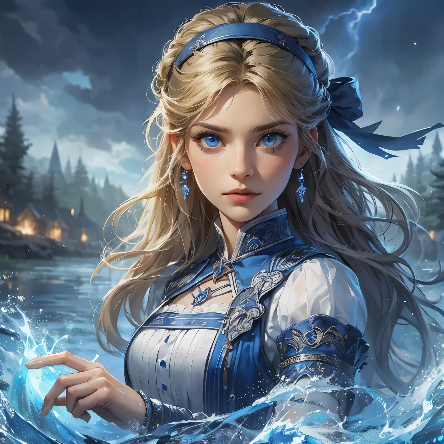 an animated fantasy novel style picture of a character portrait. Animated. She is 22 years young. She has blonde long hair tied with a blue bow. She is pretty with blue eyes. She is wearing a blue and white medieval feminine fantasy warrior gear. She is noble, beautiful and has a angry face. Water powers and water surround her. She controls water. River dystopian background. Dark tragic theme. Serious.