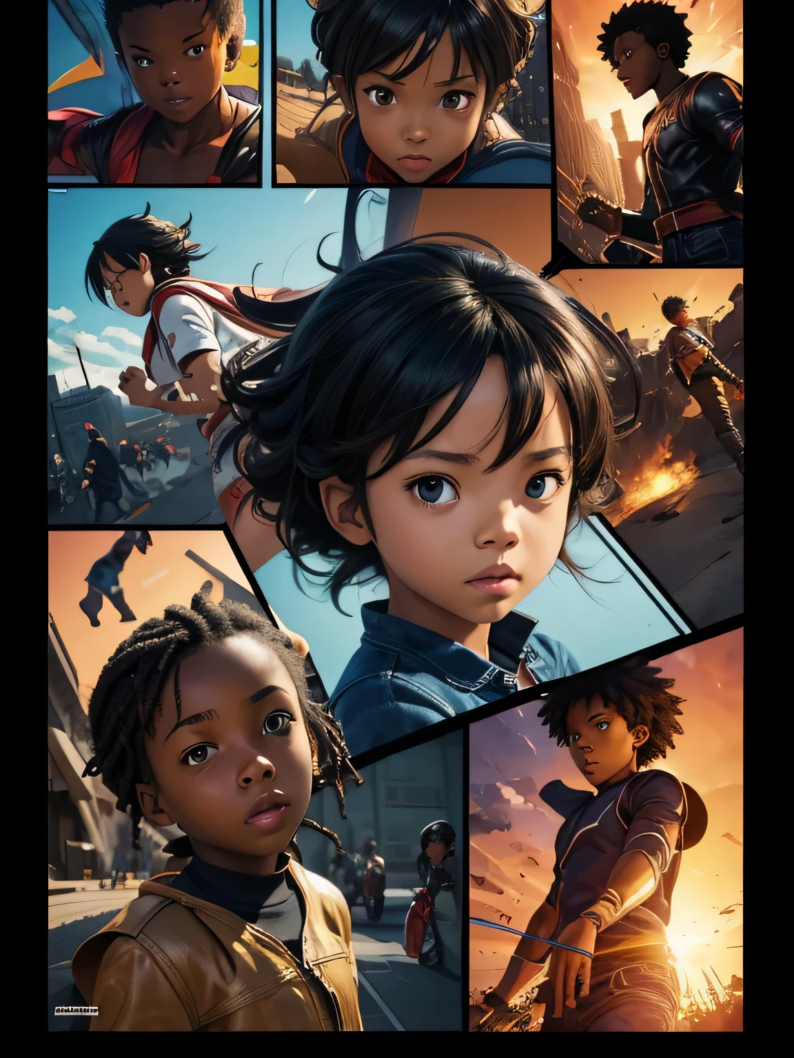 3d character, storyboard, Children, action, graphic novel, anime and manga style, children, african american, ai comic, graphic novel, vector, masterpiece, highres, super high quality,high detailed, good hand, good face