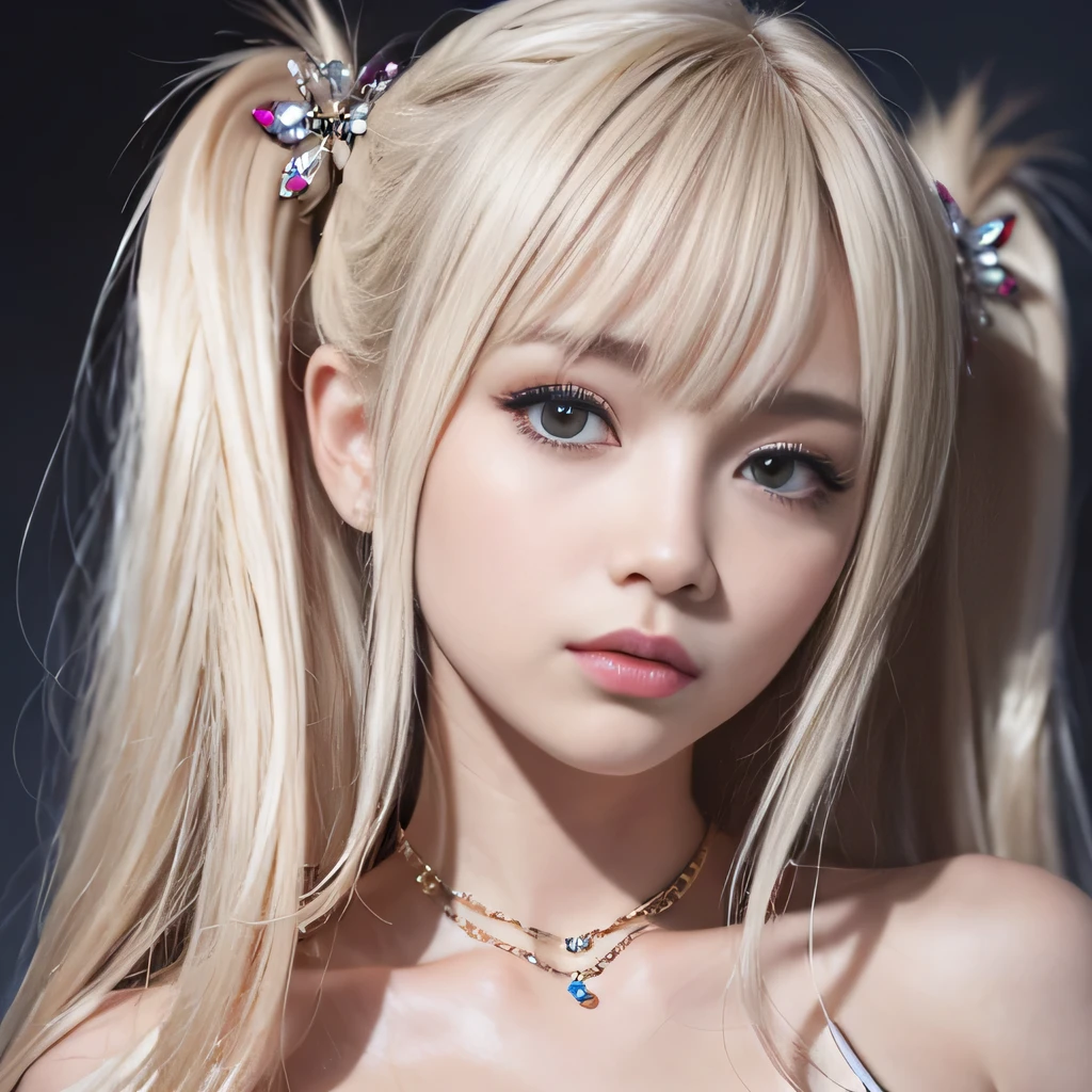 portrait、Topless、bright look、twin tails、young shiny glossy white shiny skin、best looks、blonde reflection、Platinum blonde hair with dazzling highlights、shiny bright hair,、super long straight hair、Shining beautiful bangs、Sparkling crystal clear charming big blue eyes、A very beautiful and nice 20 year old girl、rich bust、beautiful naked、I can see the collarbone、((I could see the whole body))、beautiful face、broad shoulders、Loosening perm、No bra、