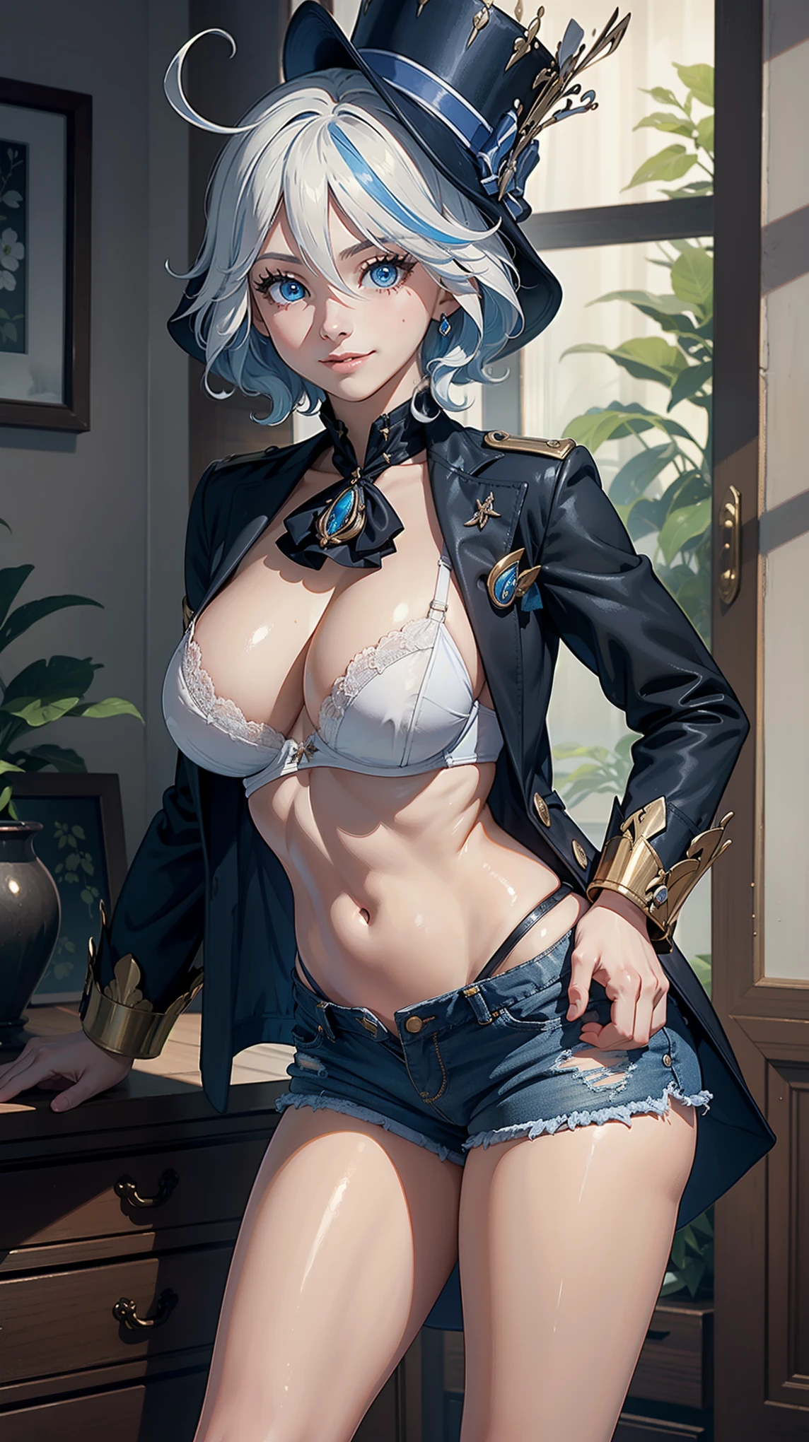 Masterpiece, high quality, 8k, ultra detail, 1 girl, ((furinarnd)) standing, indoors, (large breast), cleavage, smile, ((shorts)), (bra:1), navel, (jacket)