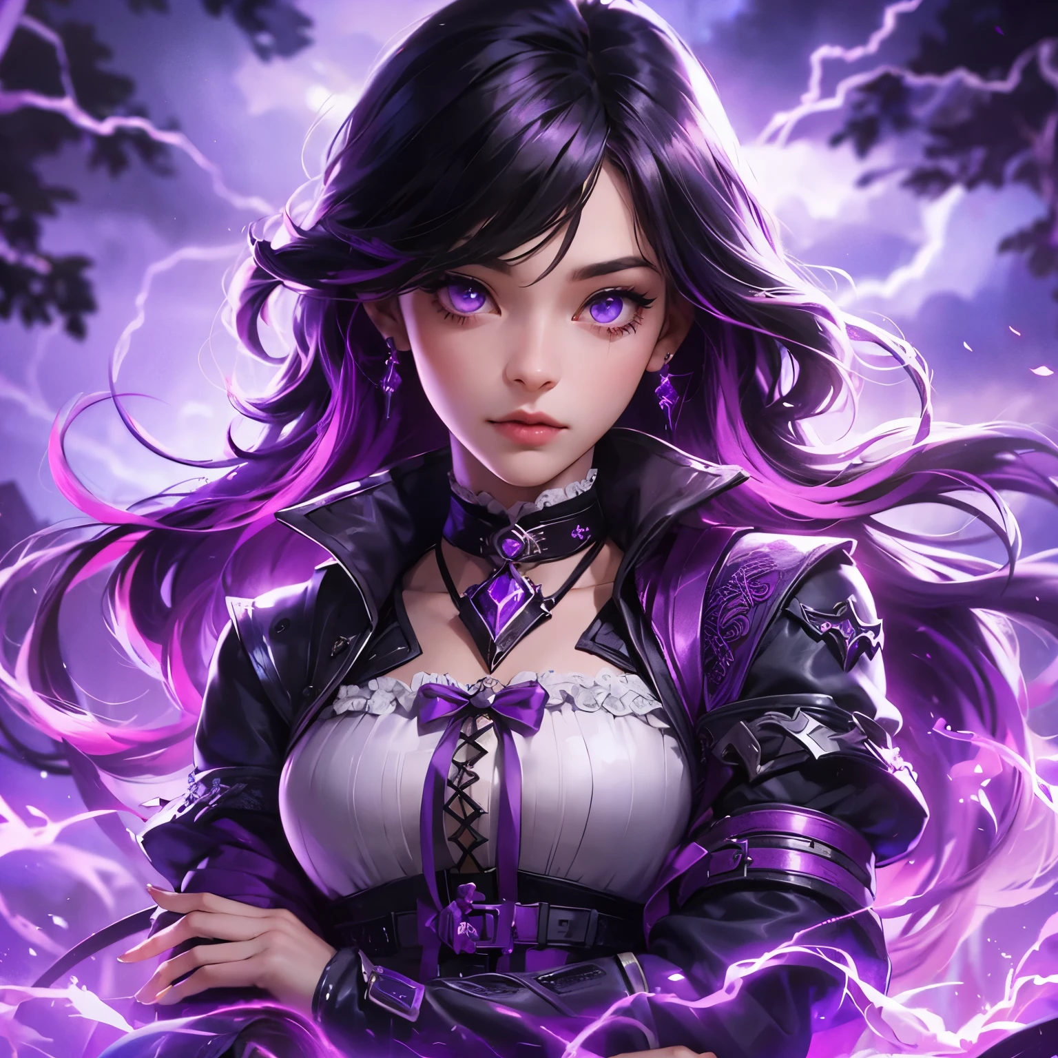 an animated fantasy novel style picture of a character portrait. Animated. She is 22 years young. She has purple and black long hair. She is pretty with purple siren eyes. She is wearing a purple, black and white medieval feminine fantasy warrior gear with a jacket. She is flirty, beautiful and has a pretty face. Purple Lightning powers and purple storm surround her. She is holding a purple lightning sword. Purple lightning dystopian background. Dark tragic theme. Serious.