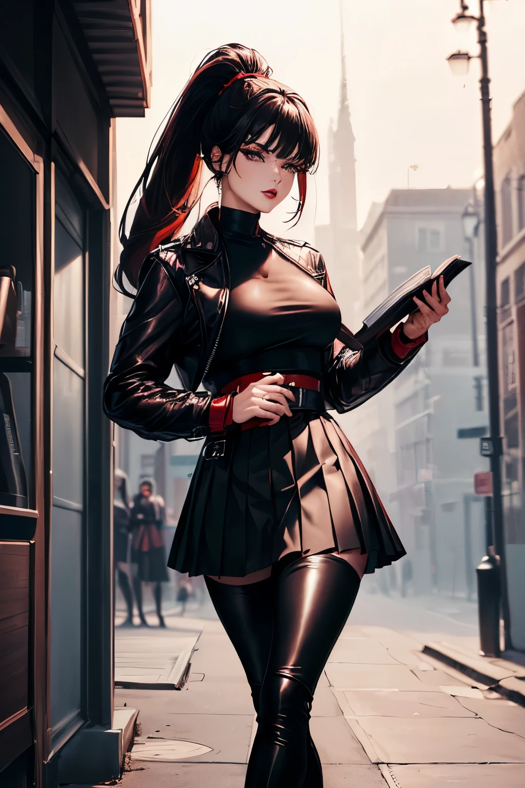 (masterpiece) Woman, wearing ((black and red leather sports top, black leggings and a pleated leather skirt, long fur jacket, high heeled boots, holding a book in one hand and a glass of wine in the other)), appearance ((black hair tied into a high ponytail, bright brown eyes, detailed eyes, red lips)), environment, walking down a misty street at sunset