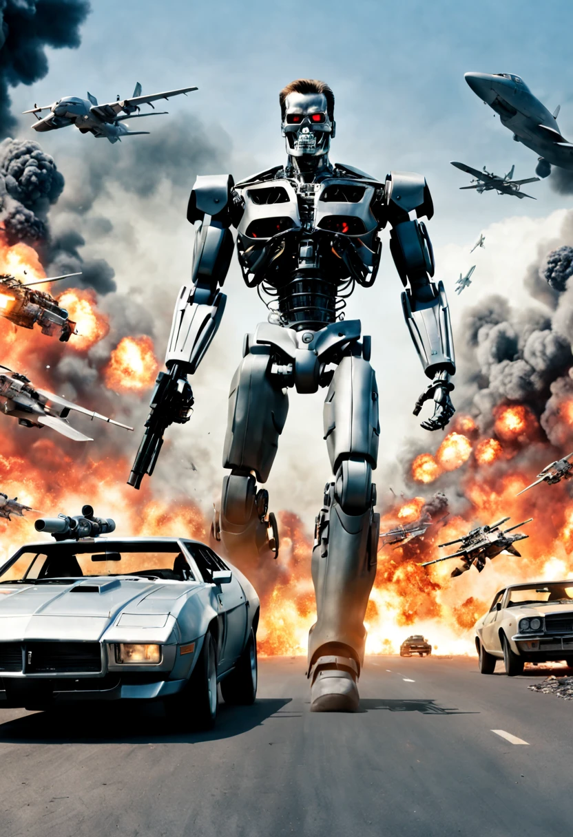 Poster of the robot movie Terminator, explosions, weapons, cars, planes