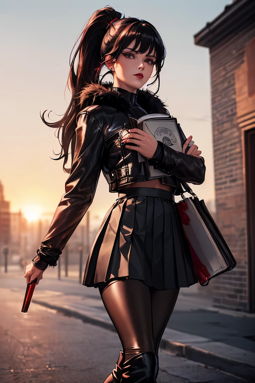 (masterpiece) Woman, wearing ((black and red leather sports top, black leggings and a pleated leather skirt, long fur jacket, high heeled boots, holding a book in one hand and a glass of wine in the other)), appearance ((black hair tied into a high ponytail, bright brown eyes, detailed eyes, red lips)), environment, walking down a misty street at sunset