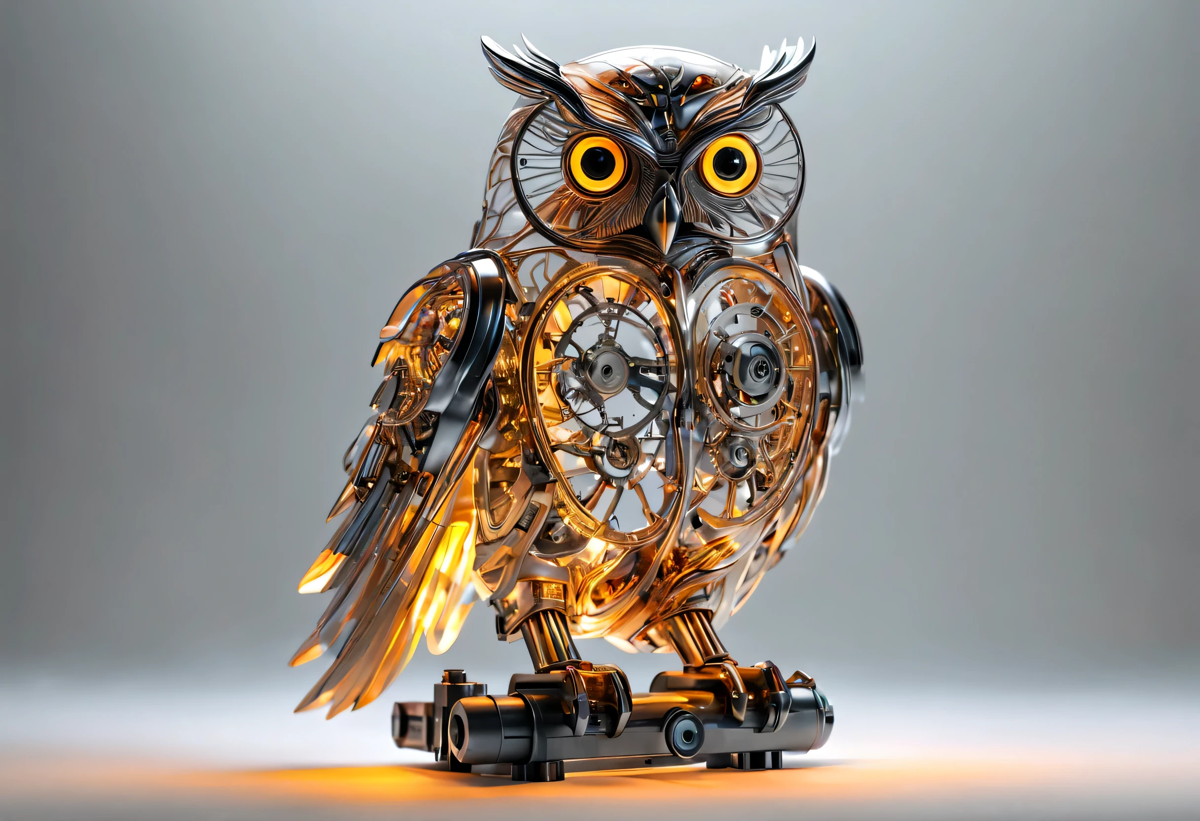 whole body, Pure light gray background, The combination of biology and machinery, Transparent Mechanical Owl, The internal structure is complex and precise, glowing neon light,(high detail, masterpiece, best quality, ultra high definition, Sharpen details)