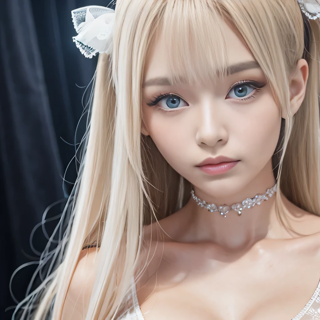 portrait、Topless、bright look、twin tails、young shiny glossy white shiny skin、best looks、blonde reflection、Platinum blonde hair with dazzling highlights、shiny bright hair,、super long straight hair、Shining beautiful bangs、Sparkling crystal clear charming big blue eyes、A very beautiful and lovely 23 year old girl、rich bust、beautiful naked、I can see the collarbone、((I could see the whole body))、beautiful face、broad shoulders、Loosening perm、No bra