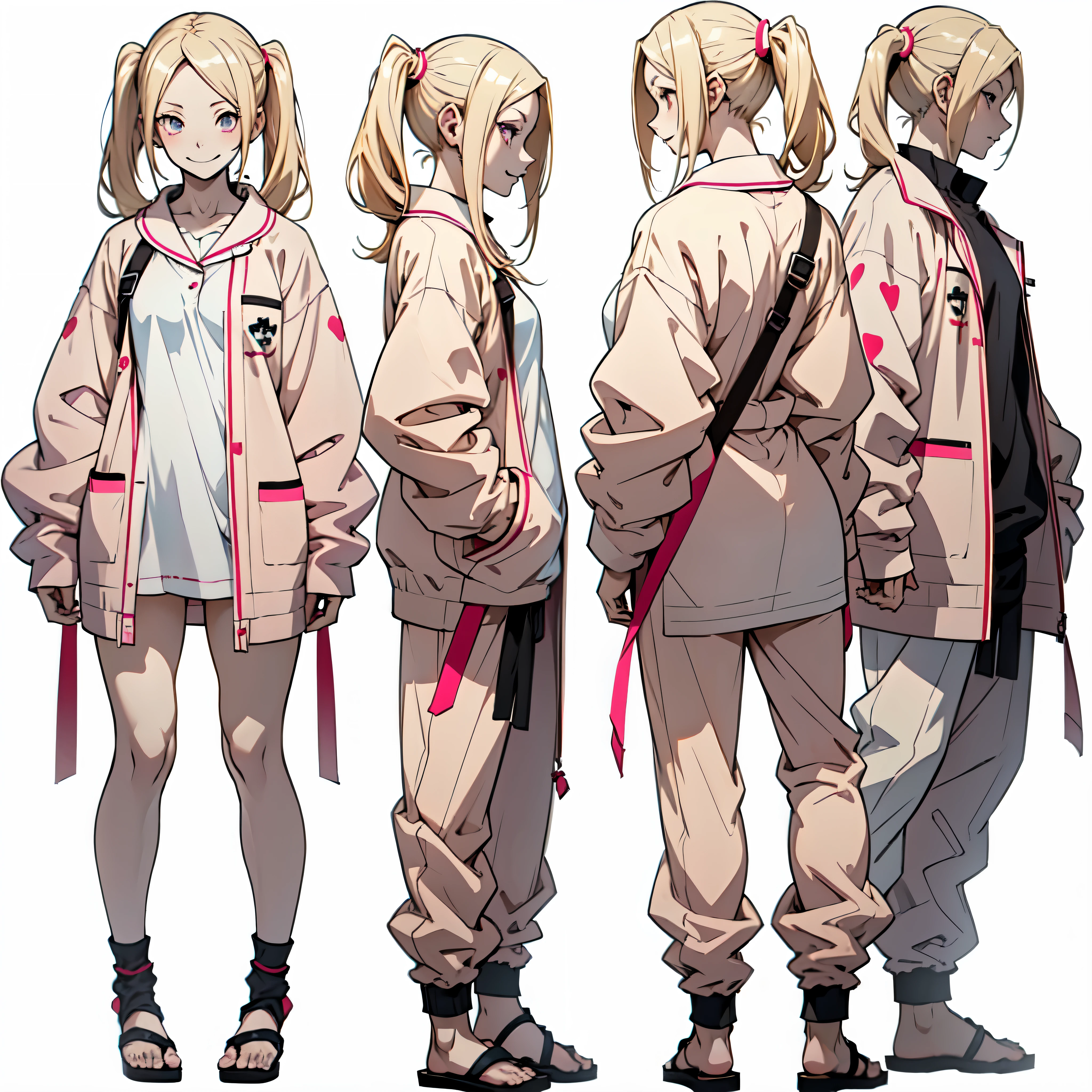 cute anime girl with light blonde hair, light pink eyes, ((loose Lower Short Twintail)), smiling at the viewer, warm smile, (((pale skin))), (teddy bear pajamas), (sleepers), pastel colors theme, small young girl, anime character reference sheet, female anime character, anime character design, ((full body, several positions, front, side, back view)), anime full body illustration, ( ( character concept art ) ), full body concept art, (((white background)))