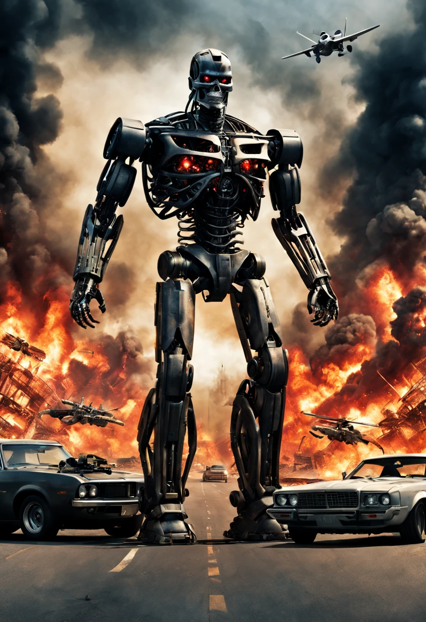 Poster of the robot movie Terminator, explosions, weapons, cars, planes