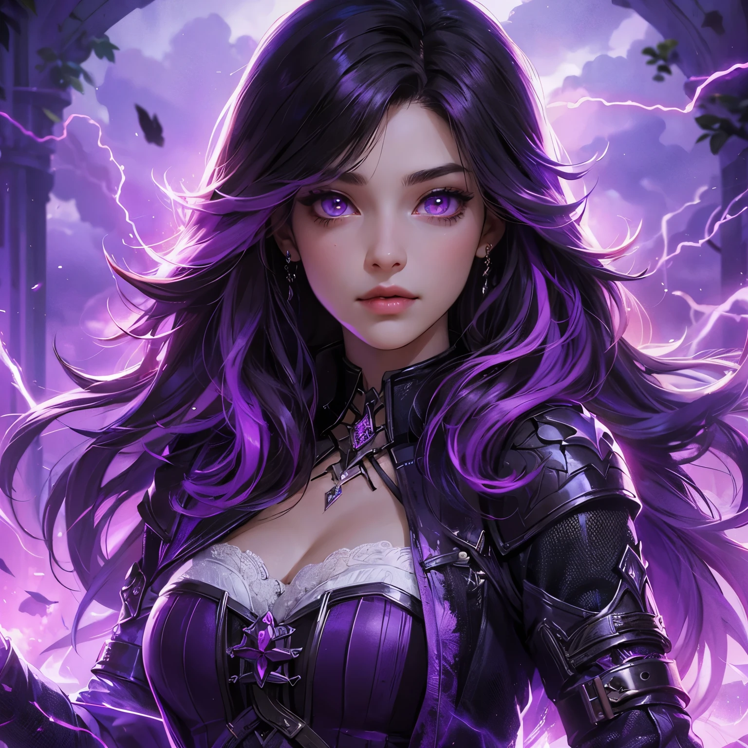 an animated fantasy novel style picture of a character portrait. Animated. She is 28 years young. She has purple and black long hair. She is pretty with purple siren eyes. She is wearing a purple, black and white medieval feminine fantasy warrior gear with a jacket. She is beautiful and has a pretty face. Purple Lightning powers and purple storm surround her. Show her holding a purple warrior sword. Purple lightning dystopian background. Dark tragic theme. Serious.